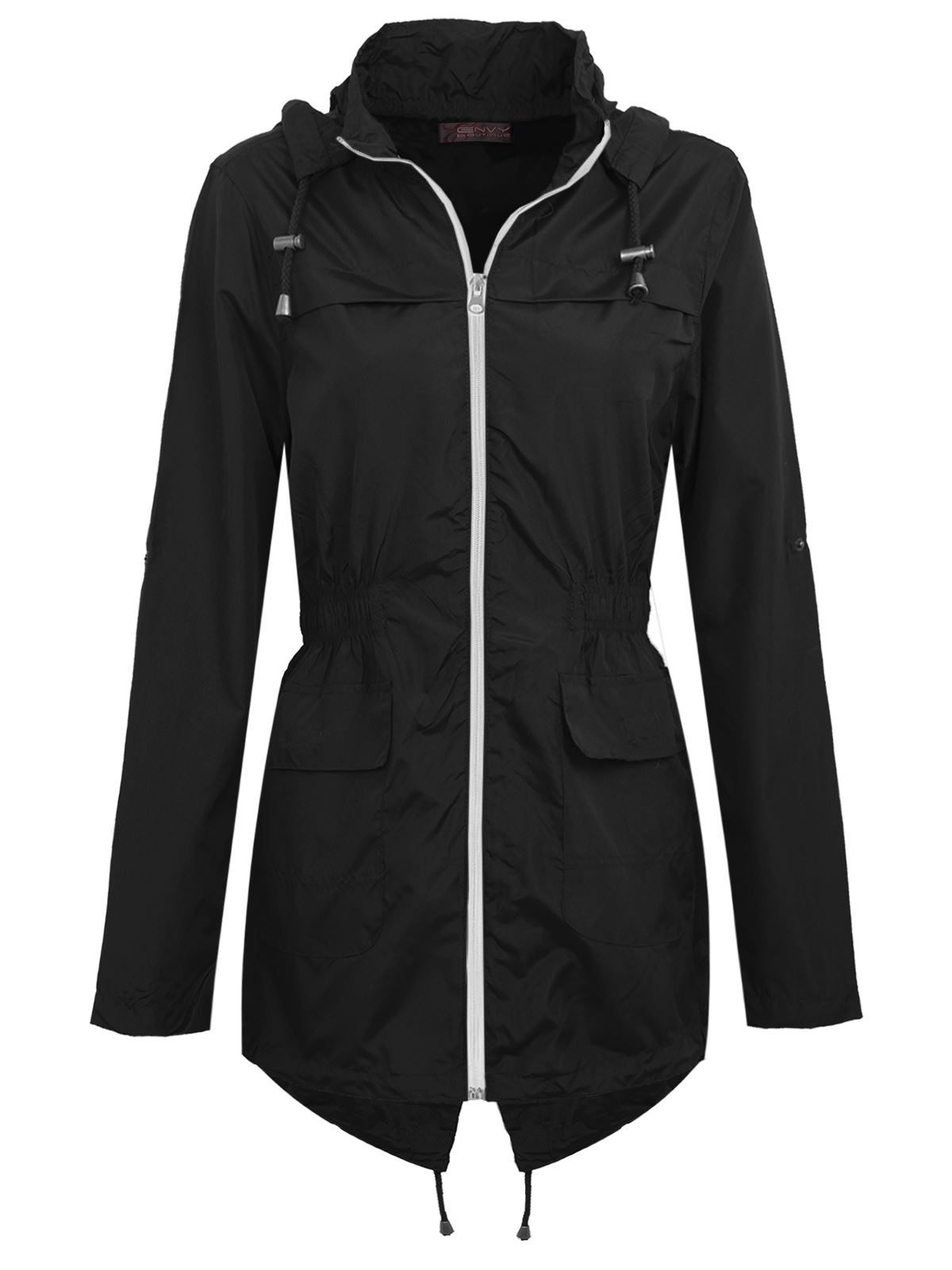 NEW LADIES WOMENS PLAIN PARKA MAC HOODED WATERPROOF RAINCOATS FISHTAIL