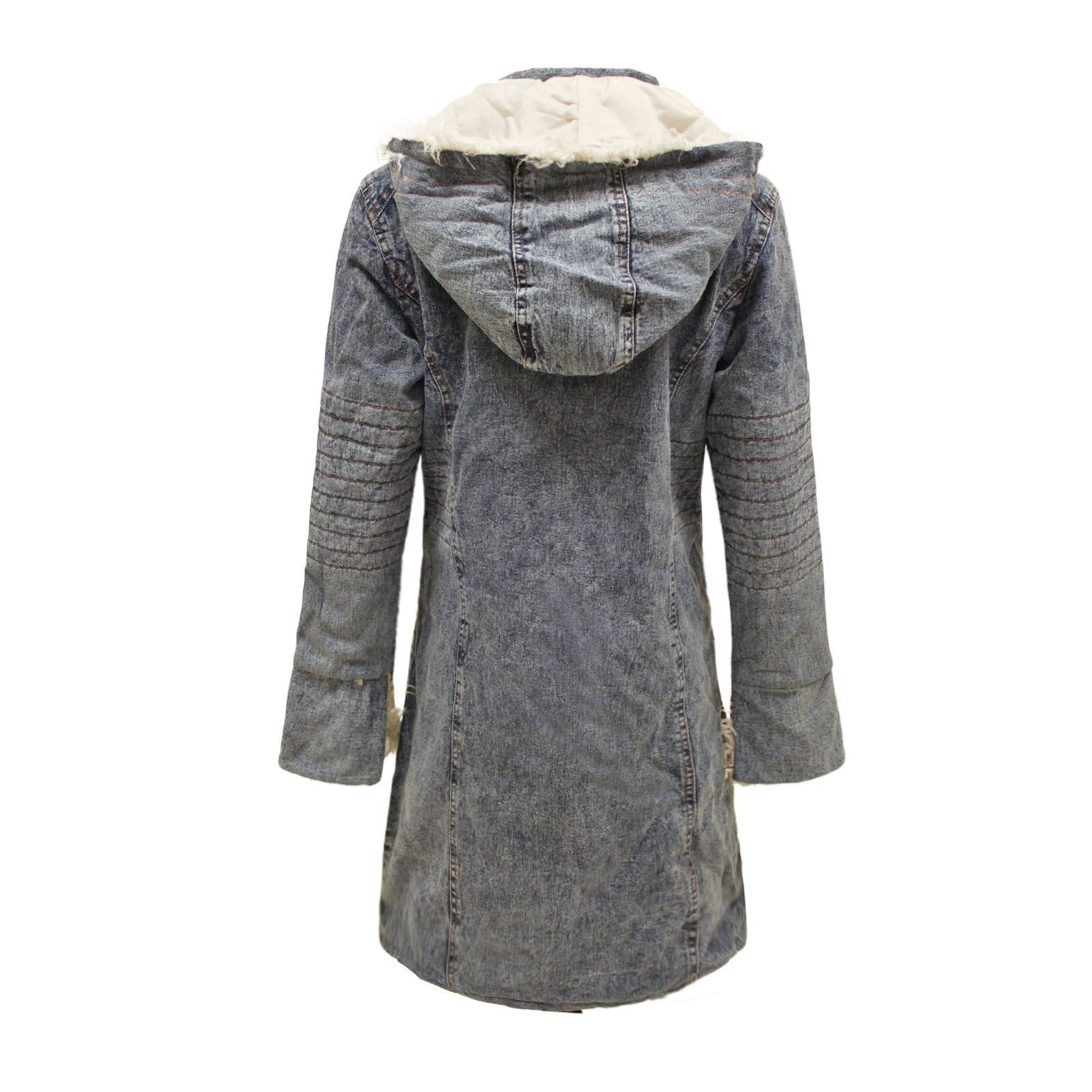 NEW LADIES WOMENS DENIM ACID WASH FAUX FUR HOODED WINTER LONG PARKA