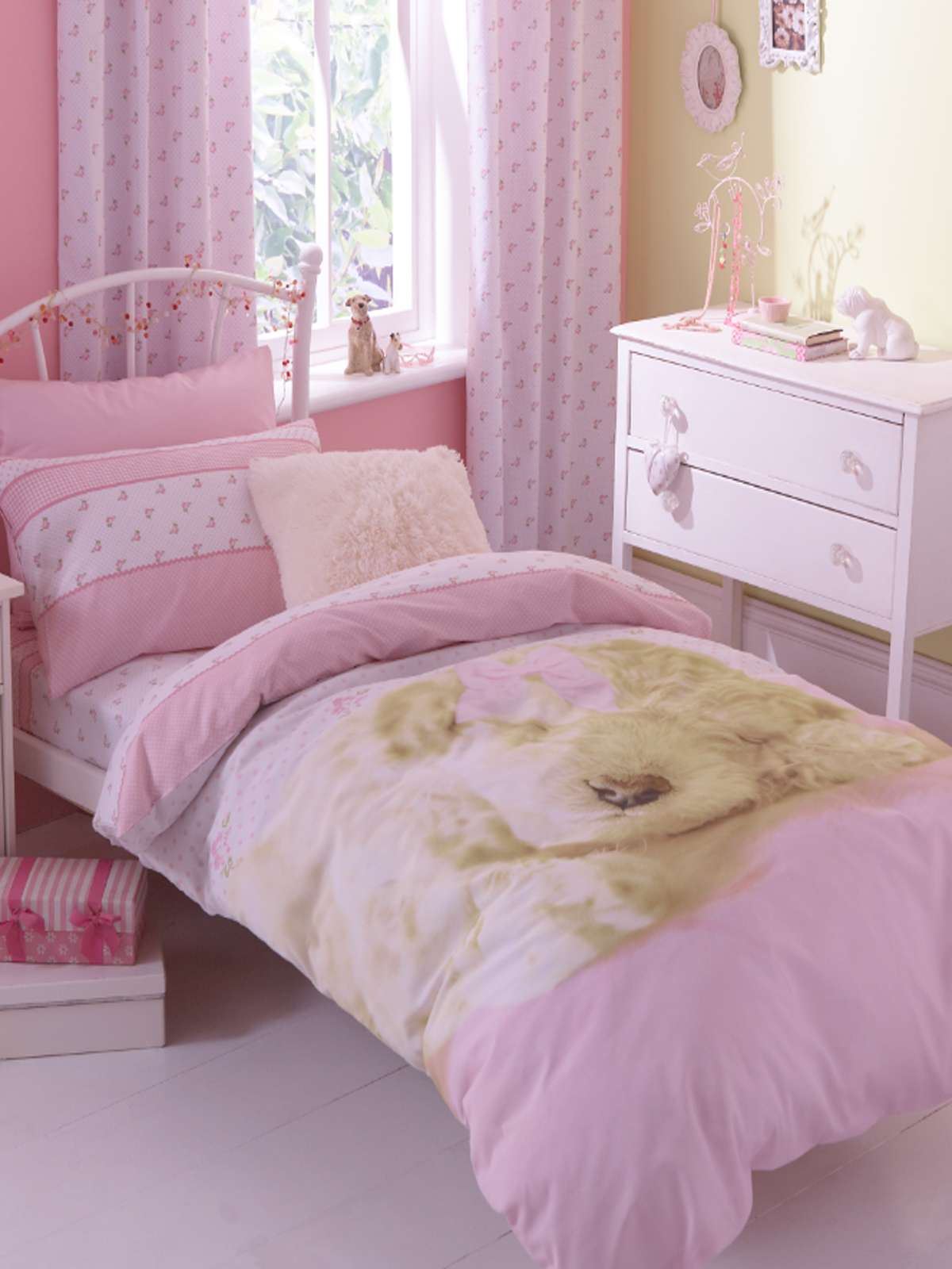 Girls Pink Polka Dot Cute Puppy Dog Reversible Duvet Cover Set Bedding