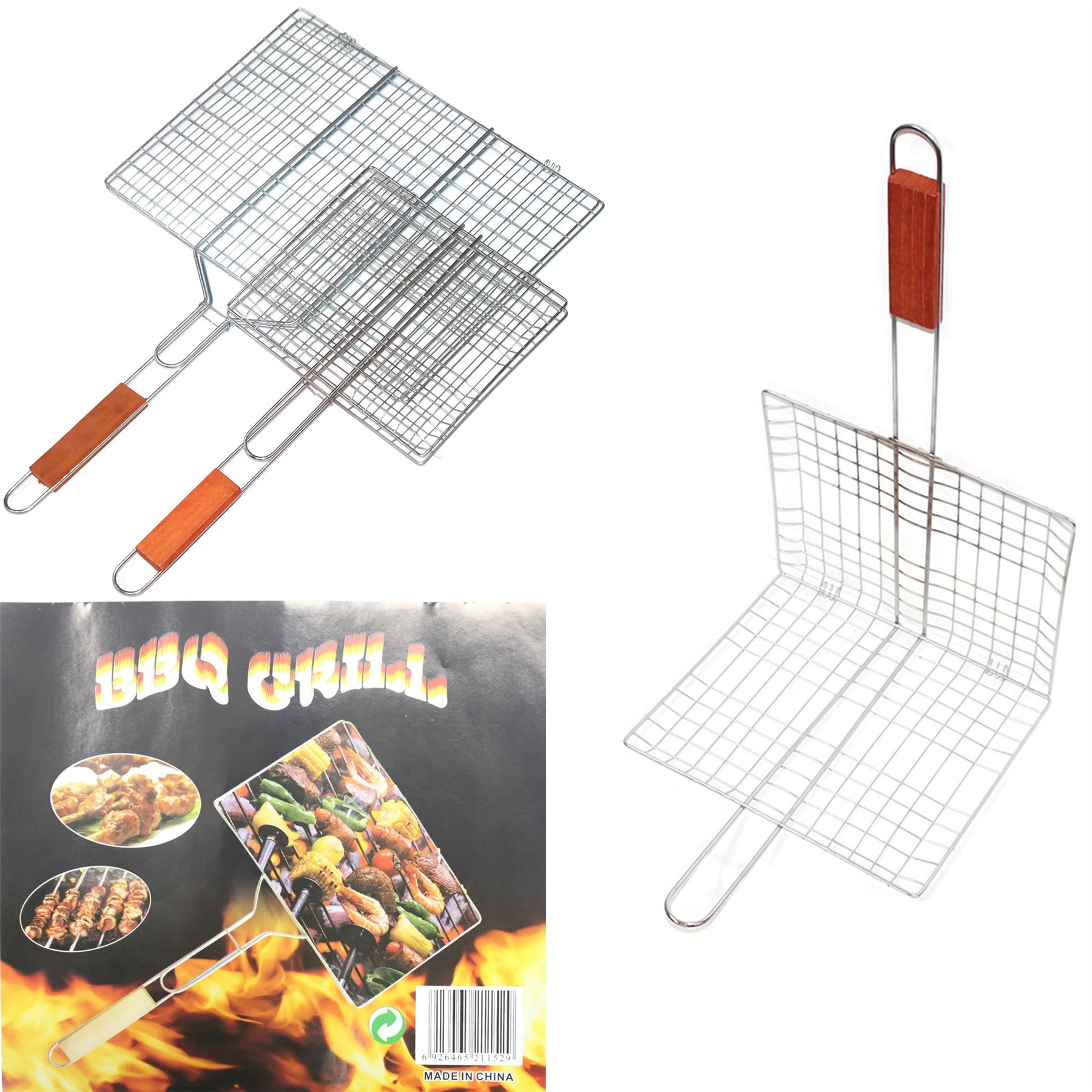 Barbecue Meat Fish Roasting Flip Basket BBQ Cooking Grill Wooden Handle