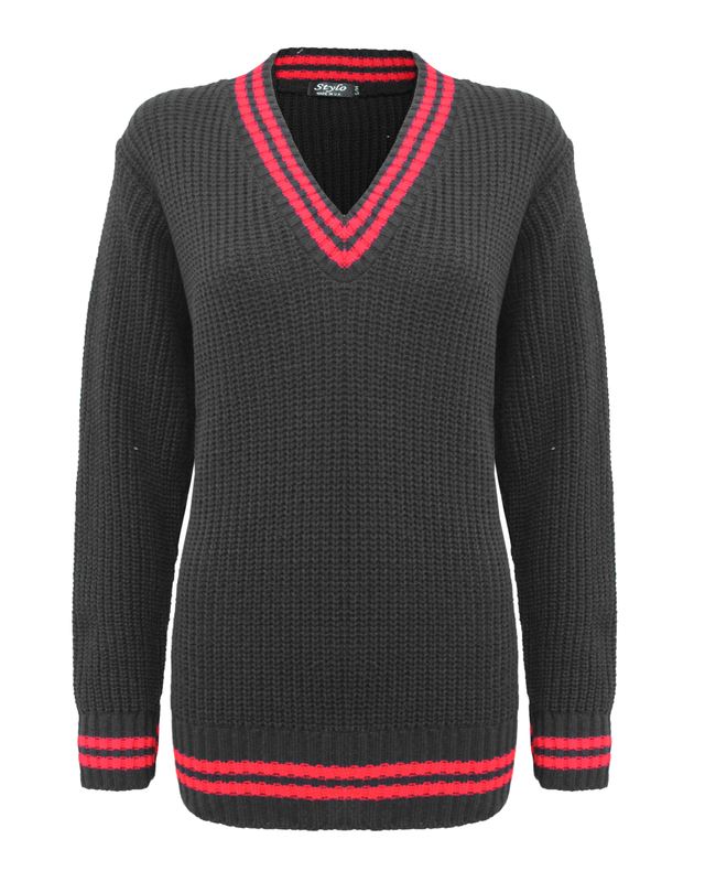 Ladies Womens Knitted Over Sized Fisher Knit V Neck Cricket Jumper Top