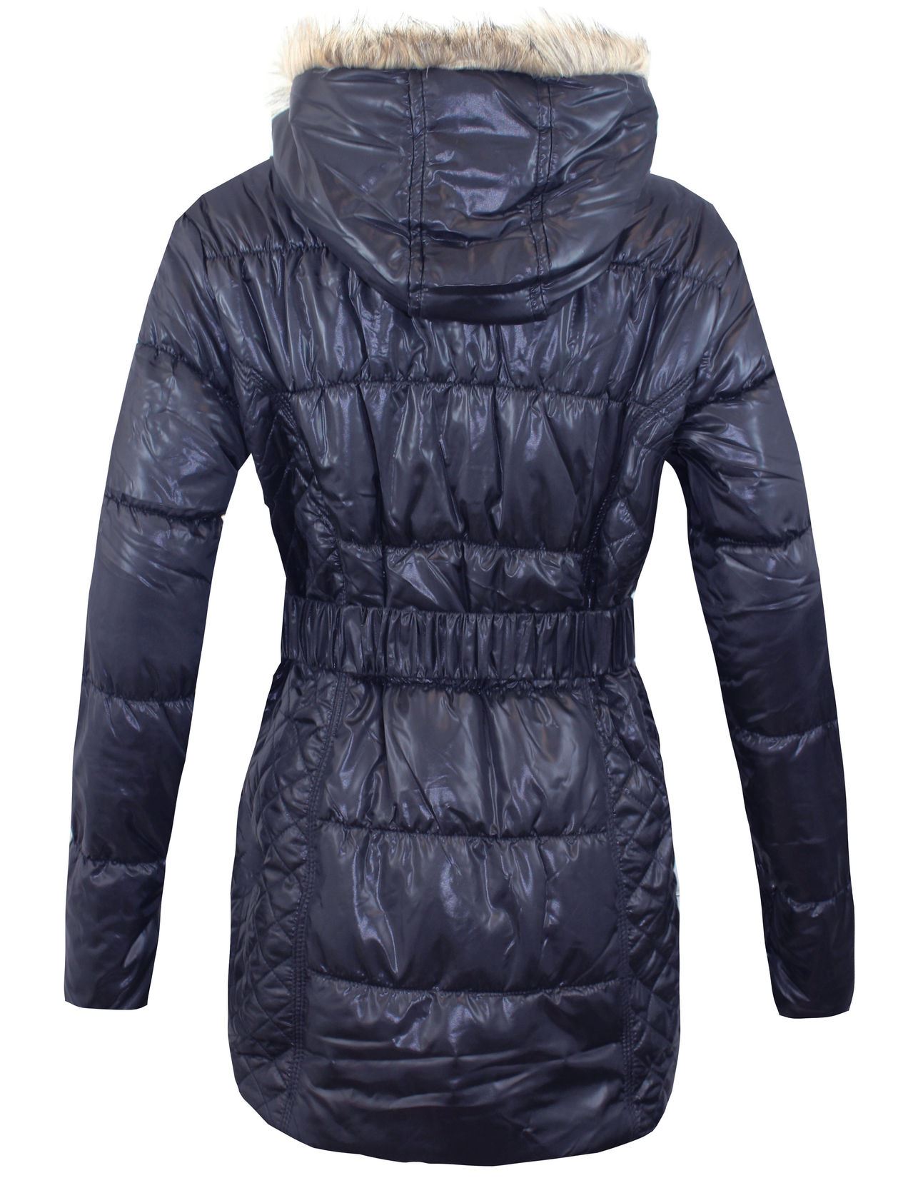NEW WOMEN LADIES FUR HOOD PUFFER QUILTED PADDED WETLOOK PARKA JACKET