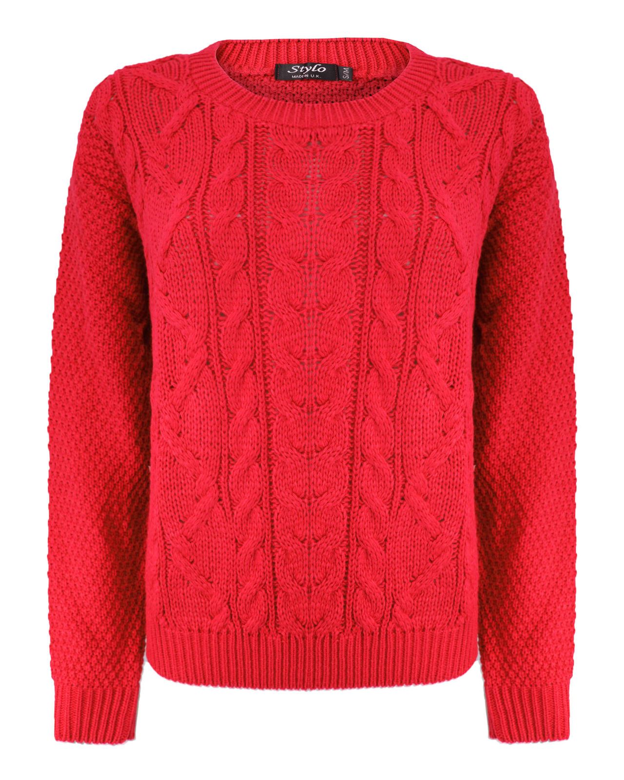 Ladies Women Knitted Crew Neck Long Sleeve Cable Knit Jumper Chunky Sweater T...