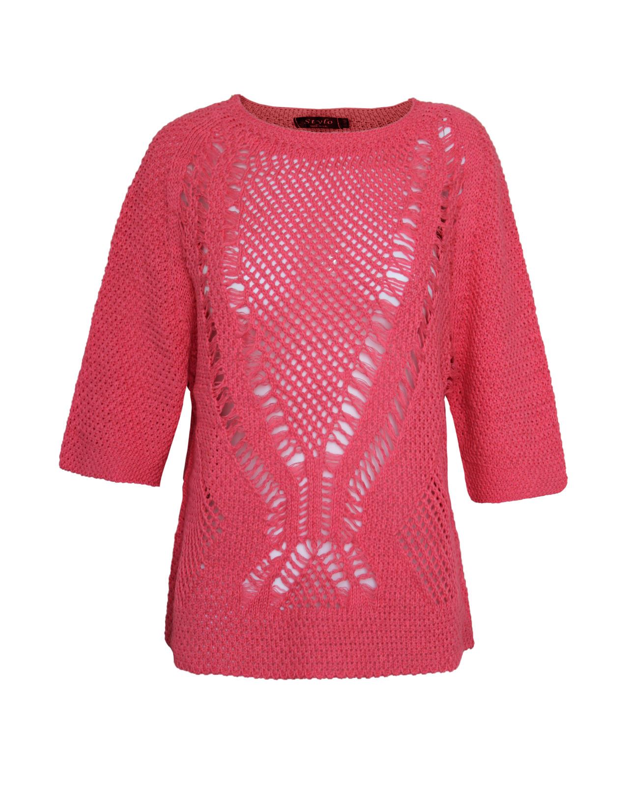 LADIES WOMEN CREW NECK BATWING SHORT SLEEVE HOLEY KNIT FISHERMAN JUMPER TOP 8...