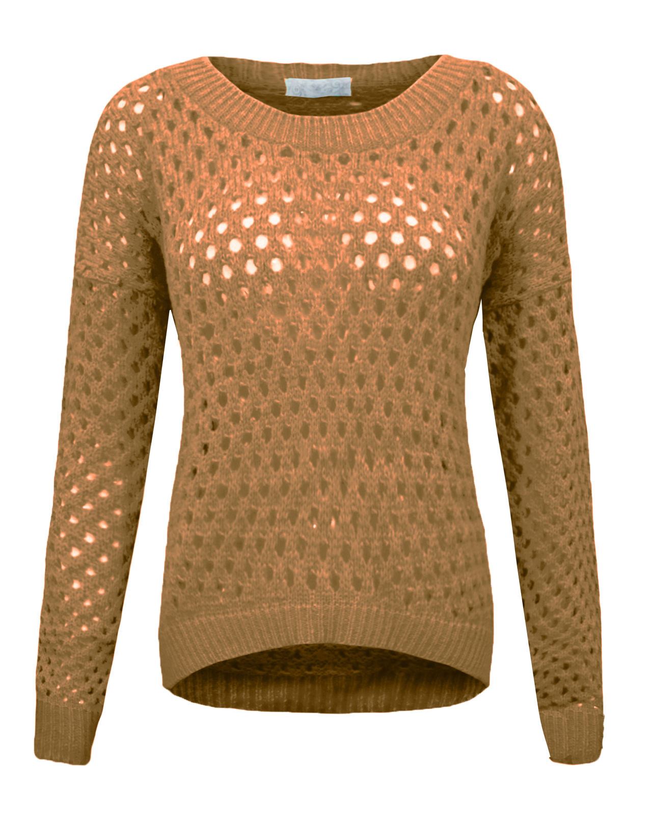 LADIES WOMENS SOFT HOLEY KNITTED CROCHET PLAIN JUMPER STRETCH SWEATER