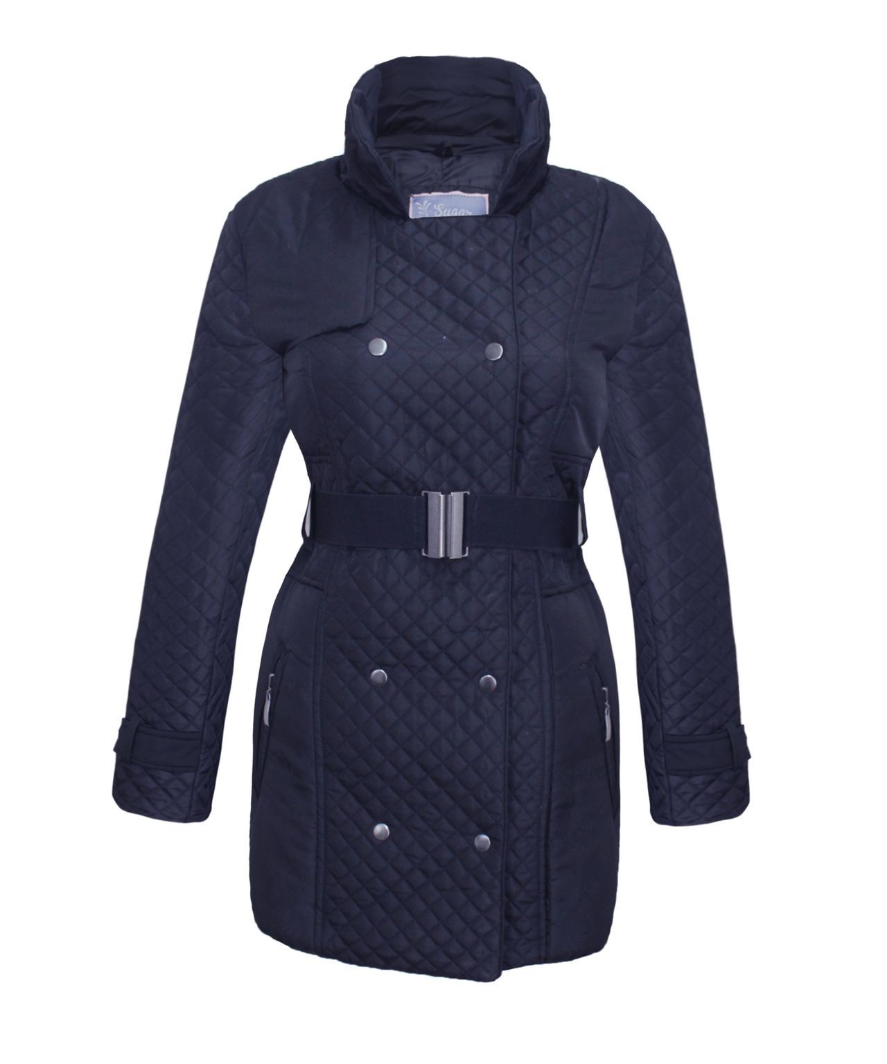 LADIES WOMEN QUILTED PADDED BUTTON WAIST BELT BLACK JACKET COLLAR LONG