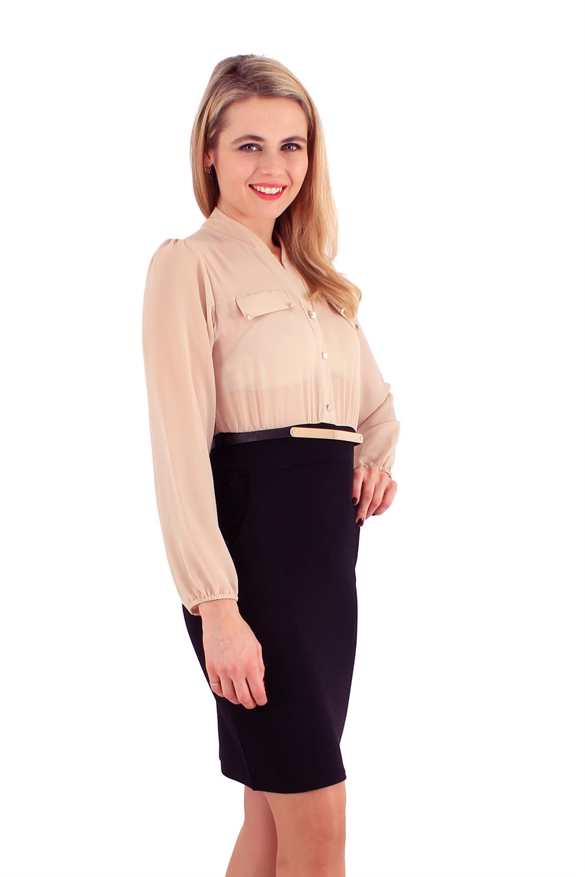 Ladies Cut Back Pencil Skirt Chiffon Gold Belated Two Tone Business Dress 8-14