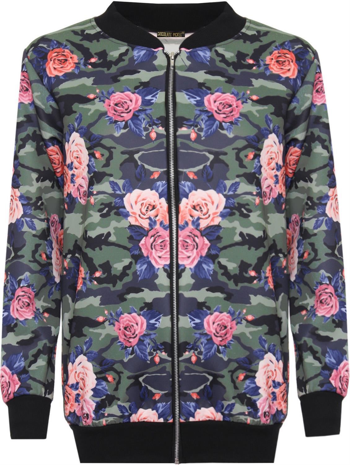 New Womens Plus Floral Print Crew Neck Waist Band Bomber Jackets 14-28
