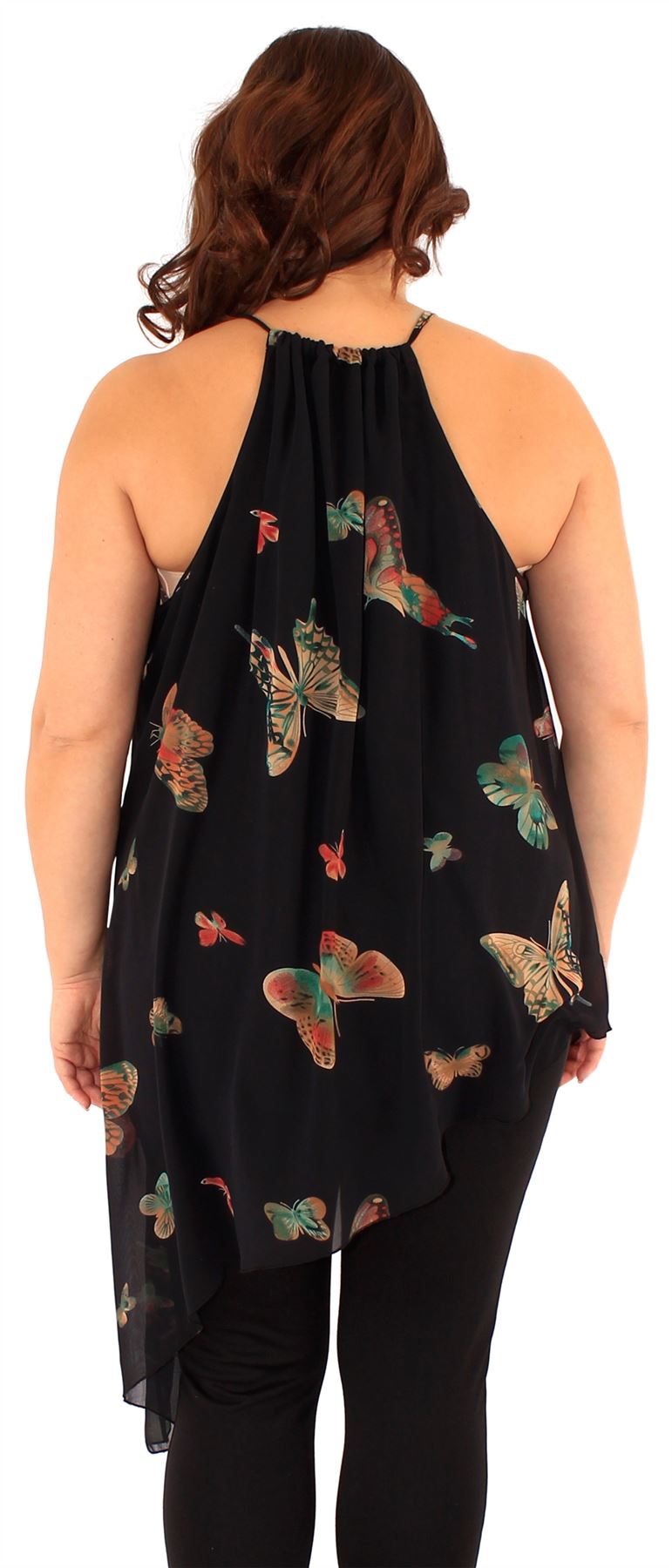 Donna Nuovi Stampa Farfalla Asimmetrica TUFFO V-Neck Chiffon Top in tessuto 16-22