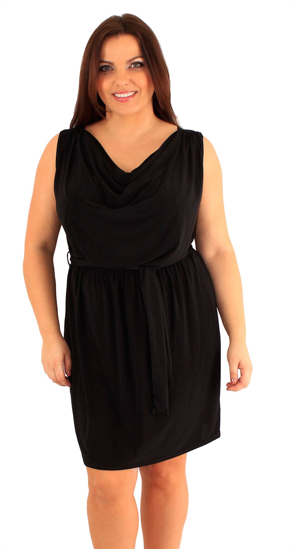 New Ladies Plus Size Tie Belted Cowl Front Sleeve Less Evening Dress 18