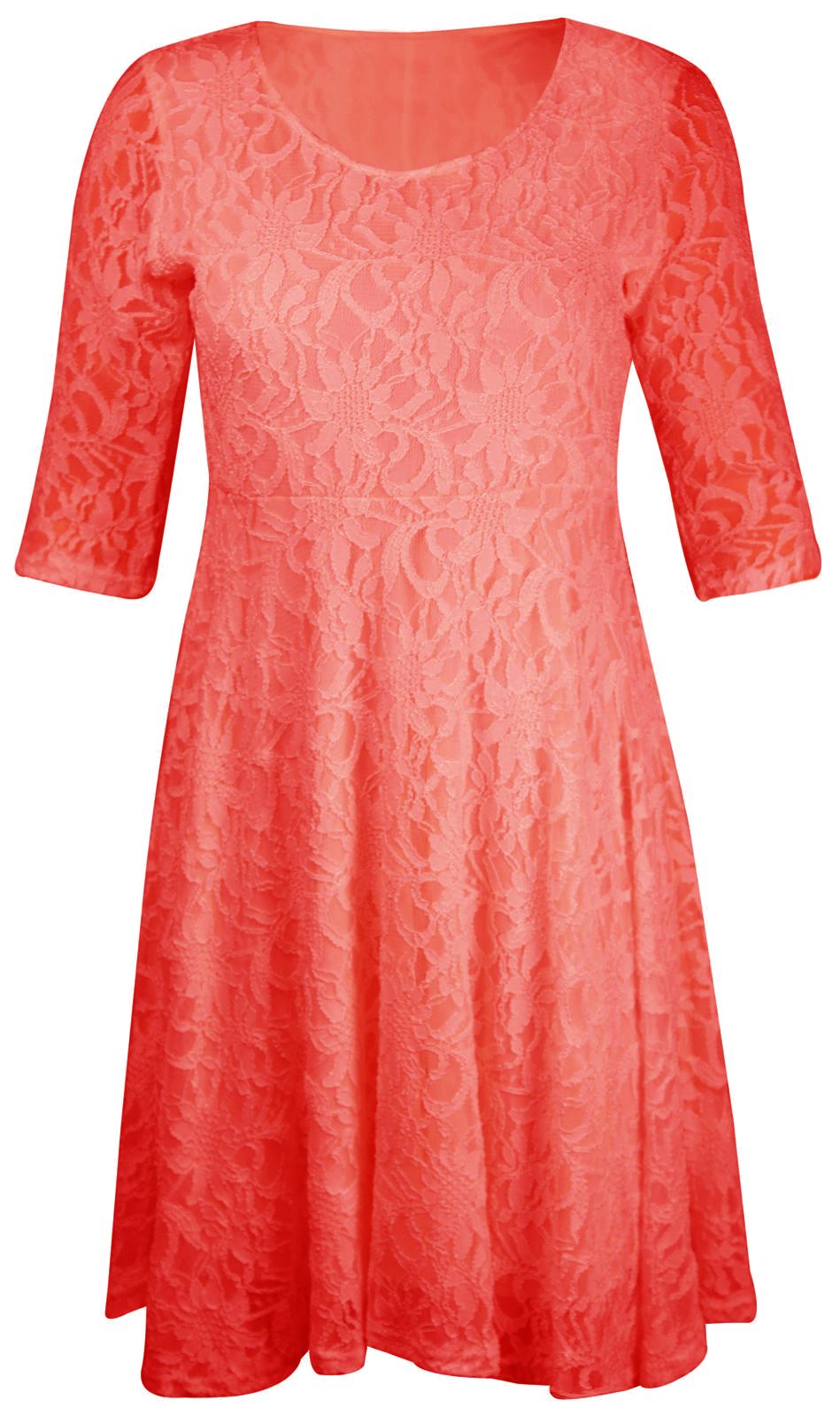Womens Plus Size Skater Floral Lace ¾ Sleeve Evening Mini Party Dress 1428