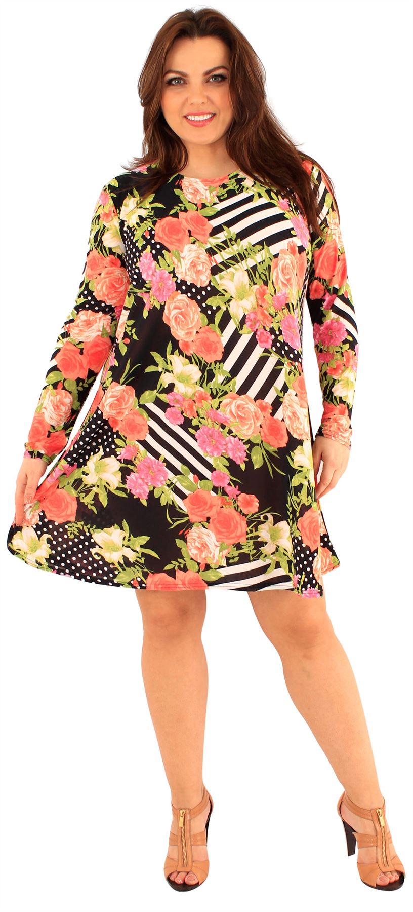 New Womens Plus Size Tropical Floral Mono Chrome Printed Long Sleeve Swing Dress | eBay