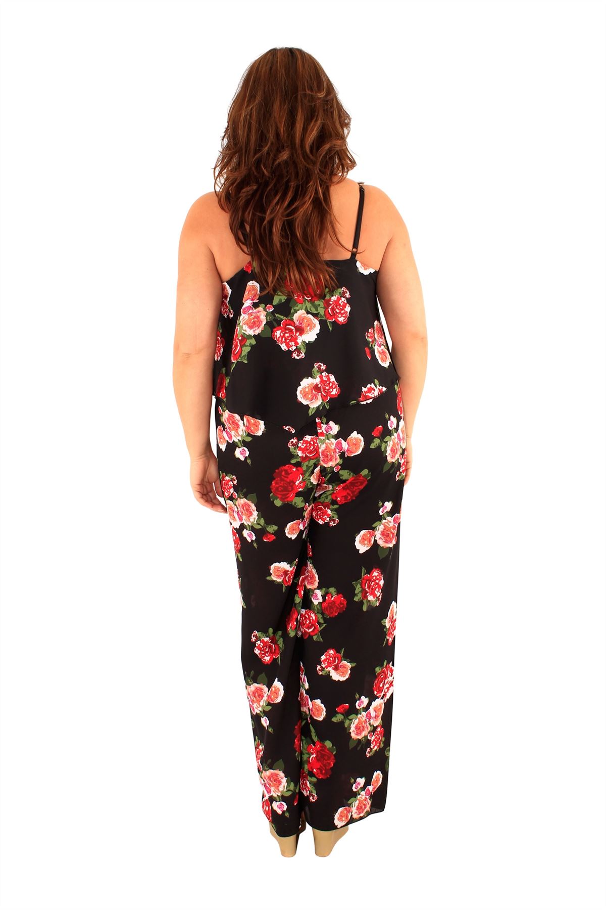 Plus Size Floral Strappy Chiffon Jumpsuit Wide Leg Pants One Piece Suit