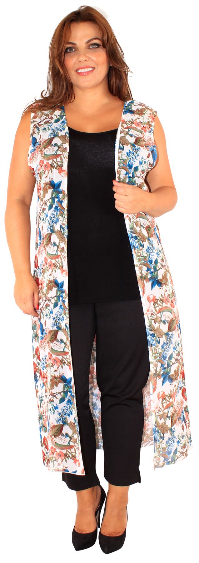 New Ladies Plus Size Sleeveless Chiffon Printed Maxi Waistcoat 16-26 | eBay