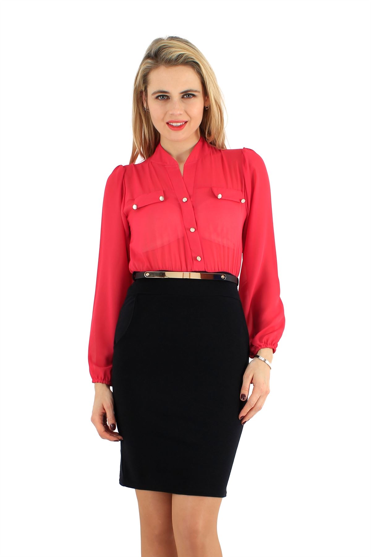 Ladies Cut Back Pencil Skirt Chiffon Gold Belated Two Tone Business Dress 8-14