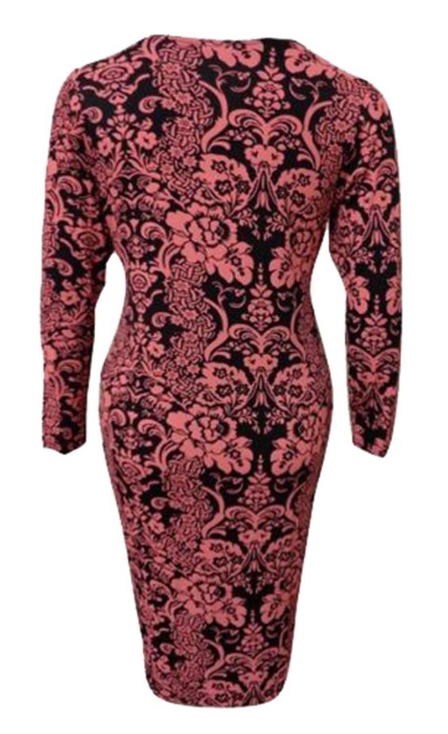 New Womens Plus Size Long Sleeve Paisley Tie Dye Print Body Con Midi