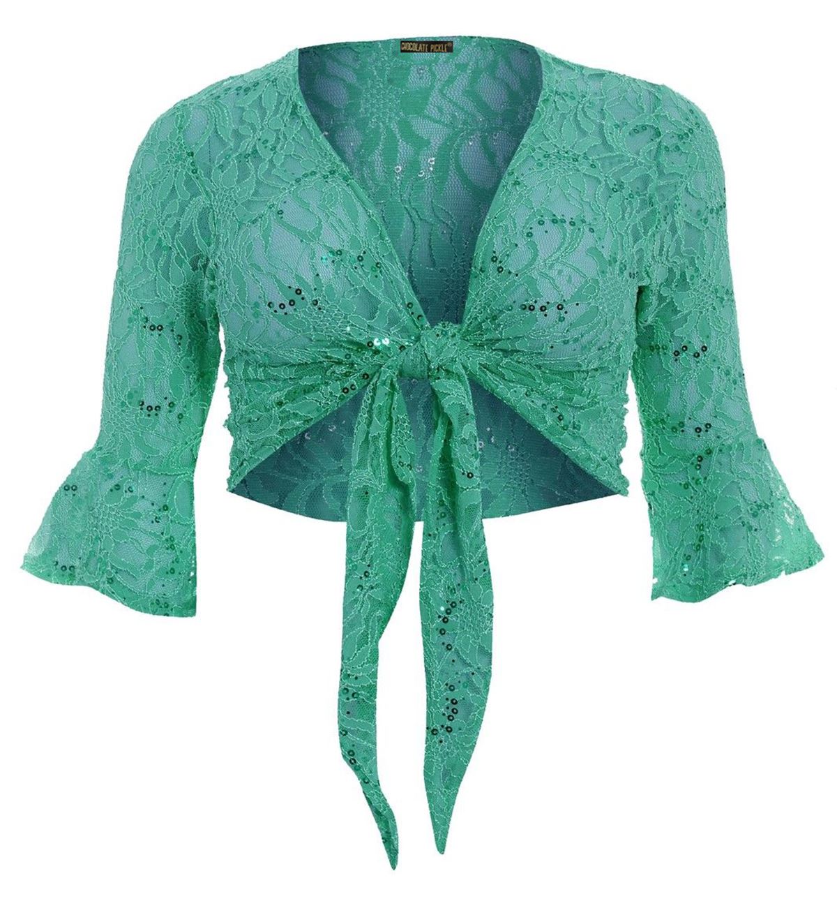 Purple Hanger Womens New Three Quarter Length Sleeve Plain Tie Up Shrug Ladies Stretch Fit Cropped Cardigan Bolero Top Plus Size Jade Green Size 16 18