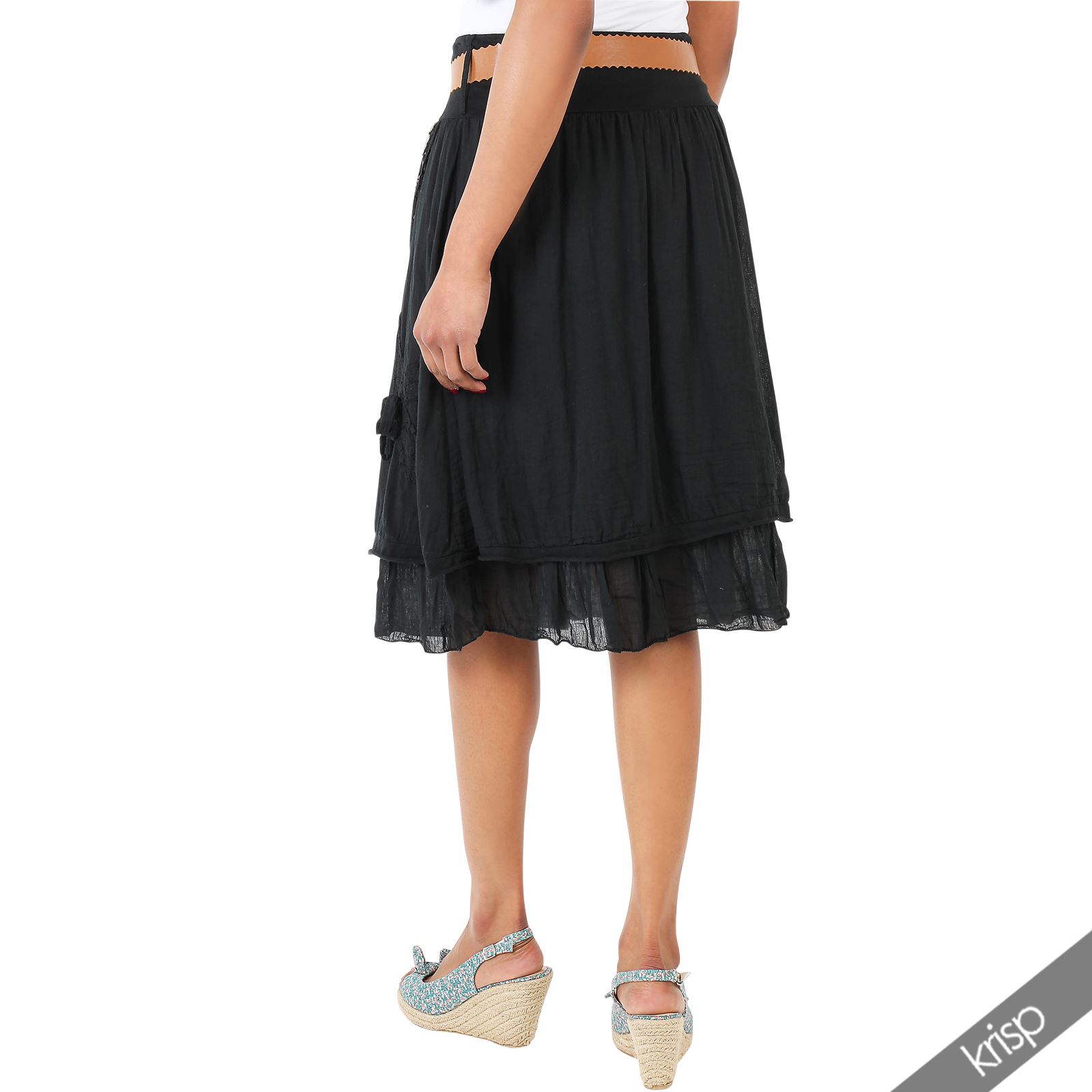 Womens Belted Gypsy Boho Midi Skirt Lace Frilled Layered Flared Summer