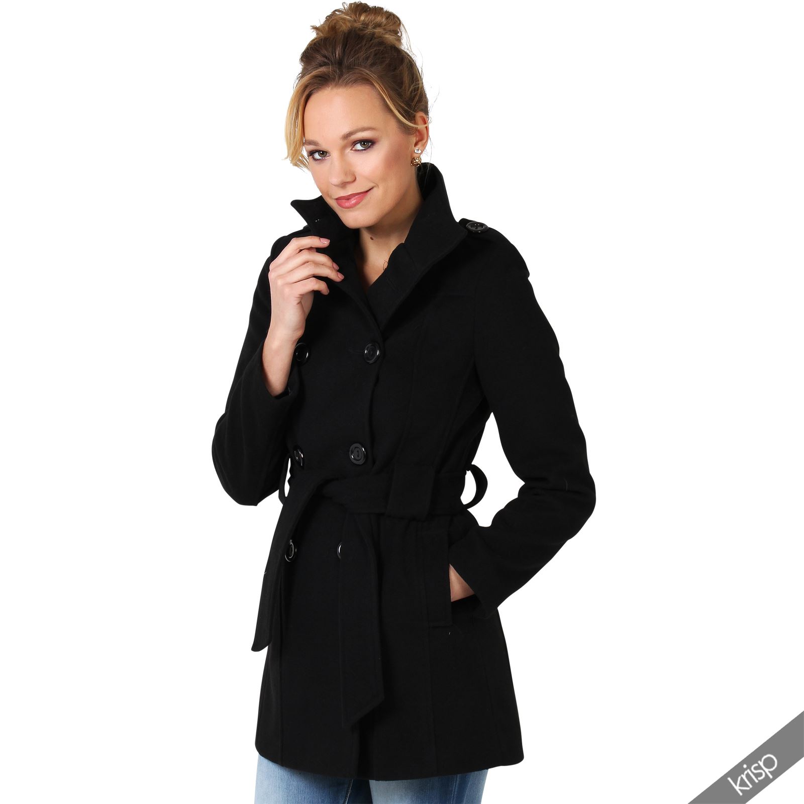 Womens Belted Military Double Breasted Woollen High Neck Coat Jacket