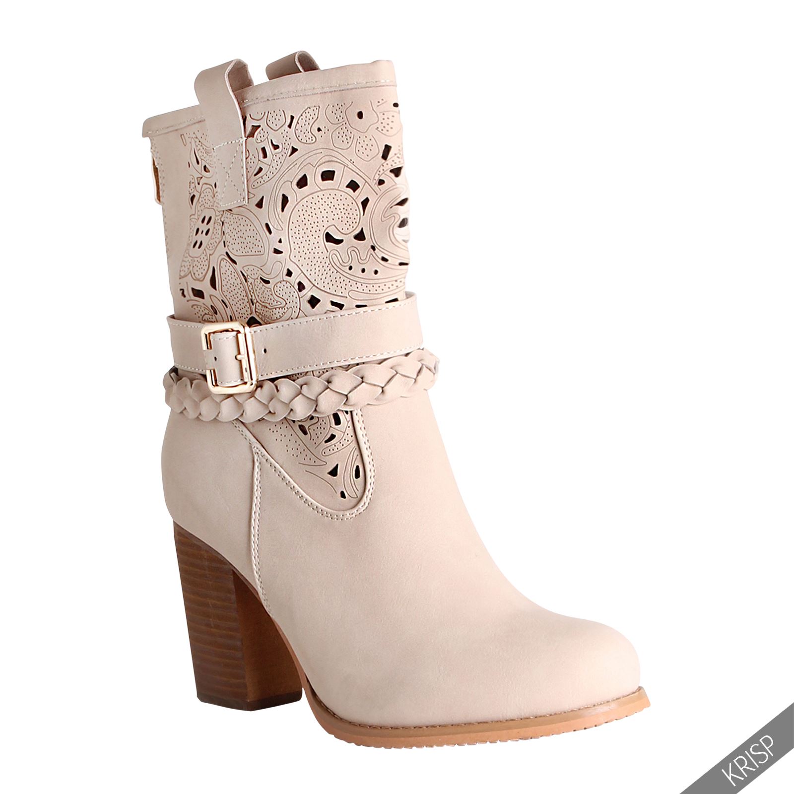 Womens Ladies Cut Out Low Mid High Heel Cowboy Boots Western Buckle