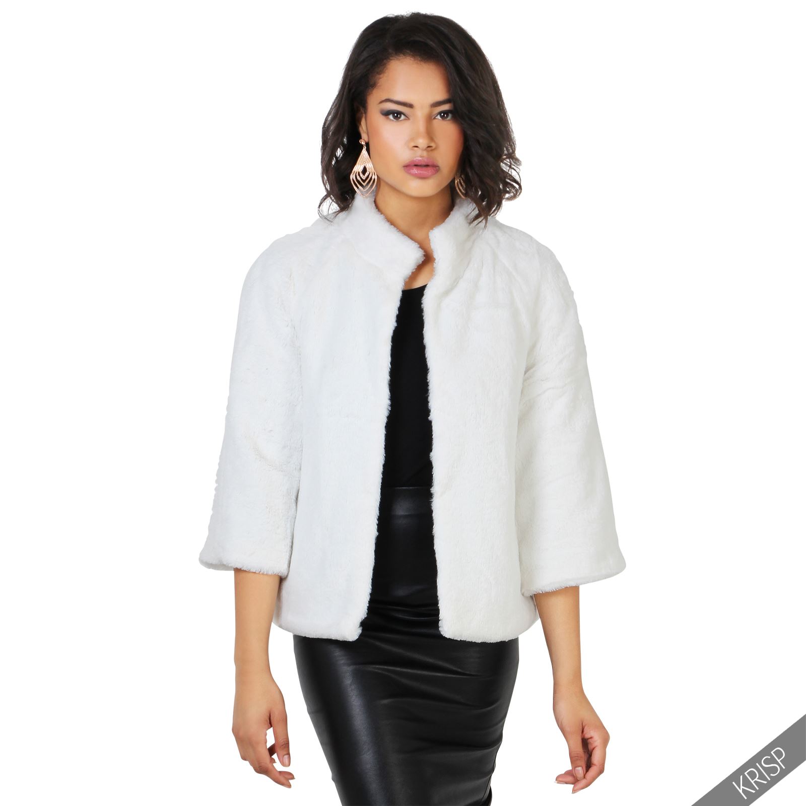 Womens 3/4 Sleeve Faux Fur Cape Shrug Crop Jacket Ladies Bolero Coat