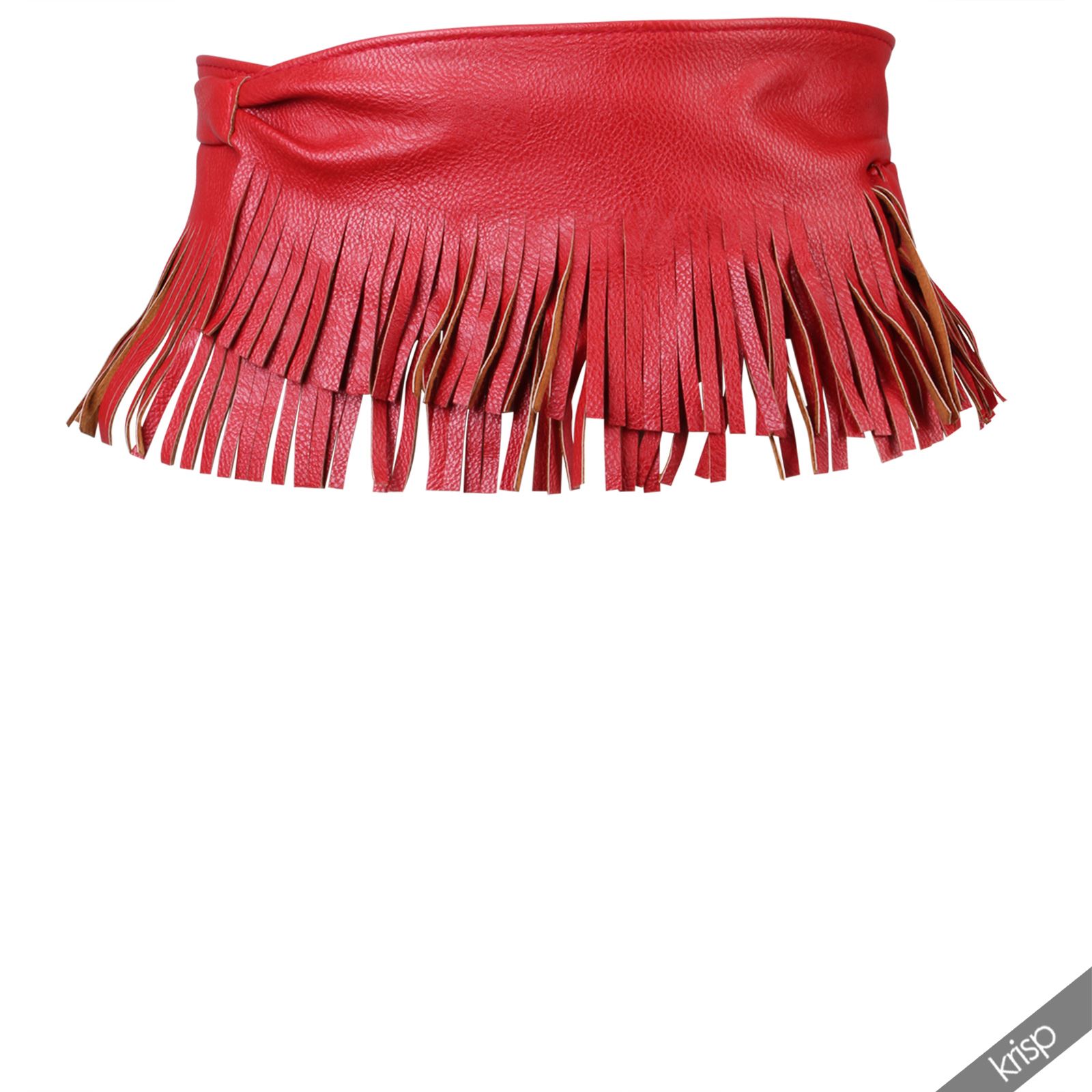 Womens Boho PU Leather Fringe Belt Wide Tie Wrap Around Obi Waist