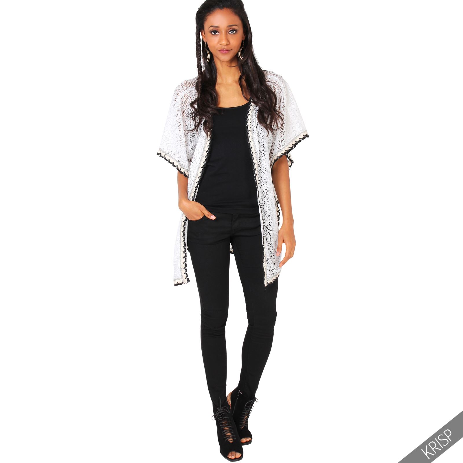 Cárdigan Kimono de encaje floral para mujer Manga corta Chaqueta Poncho