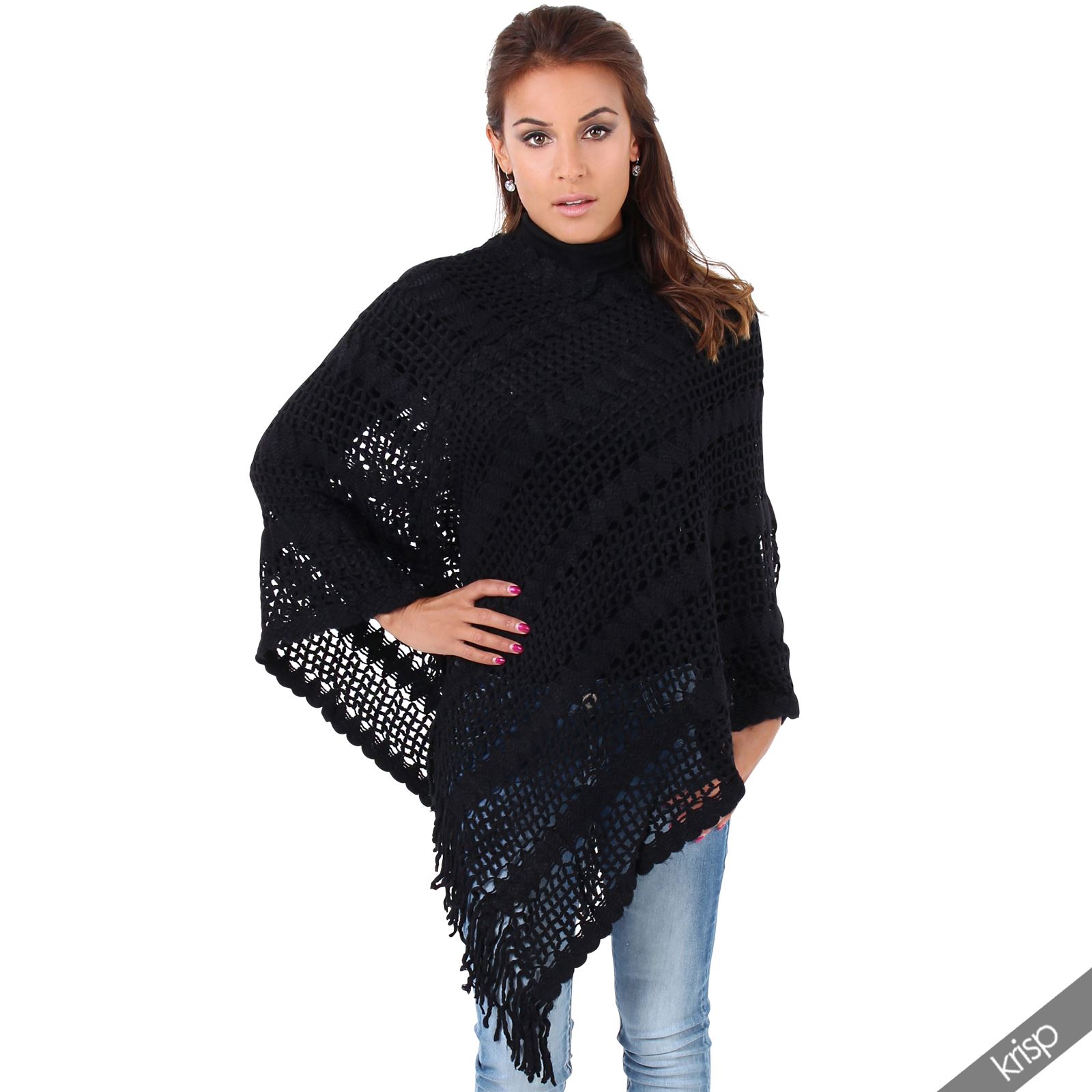 Womens Boho Knitted Fringe Tassel Poncho Cape Sweater Shrug Jumper Wrap