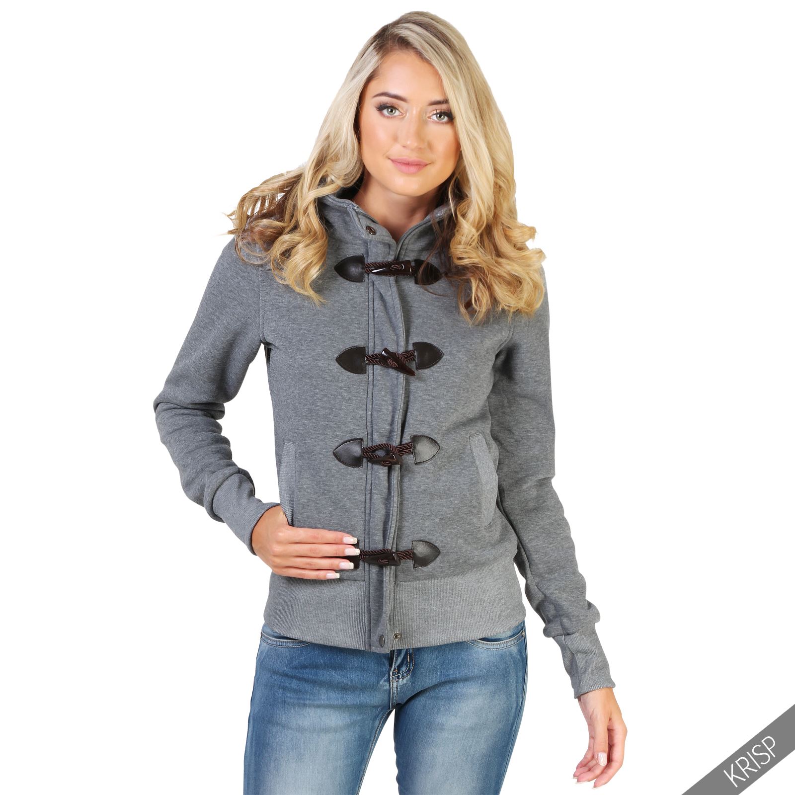 Womens Ladies Zip Off Hood Duffle Jacket Fleece Jersey Toggle Blazer