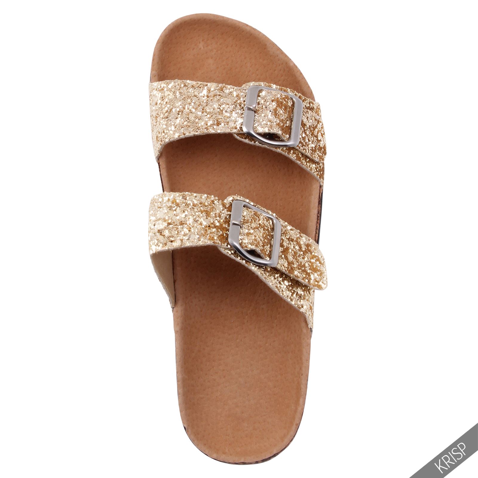 Femme Sandales Plates Glitter Paillettes Mules Liège Semelle Cuir