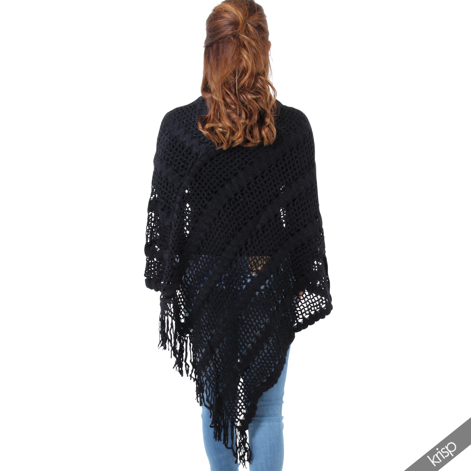 Womens Boho Knitted Fringe Tassel Poncho Cape Sweater Shrug Jumper Wrap