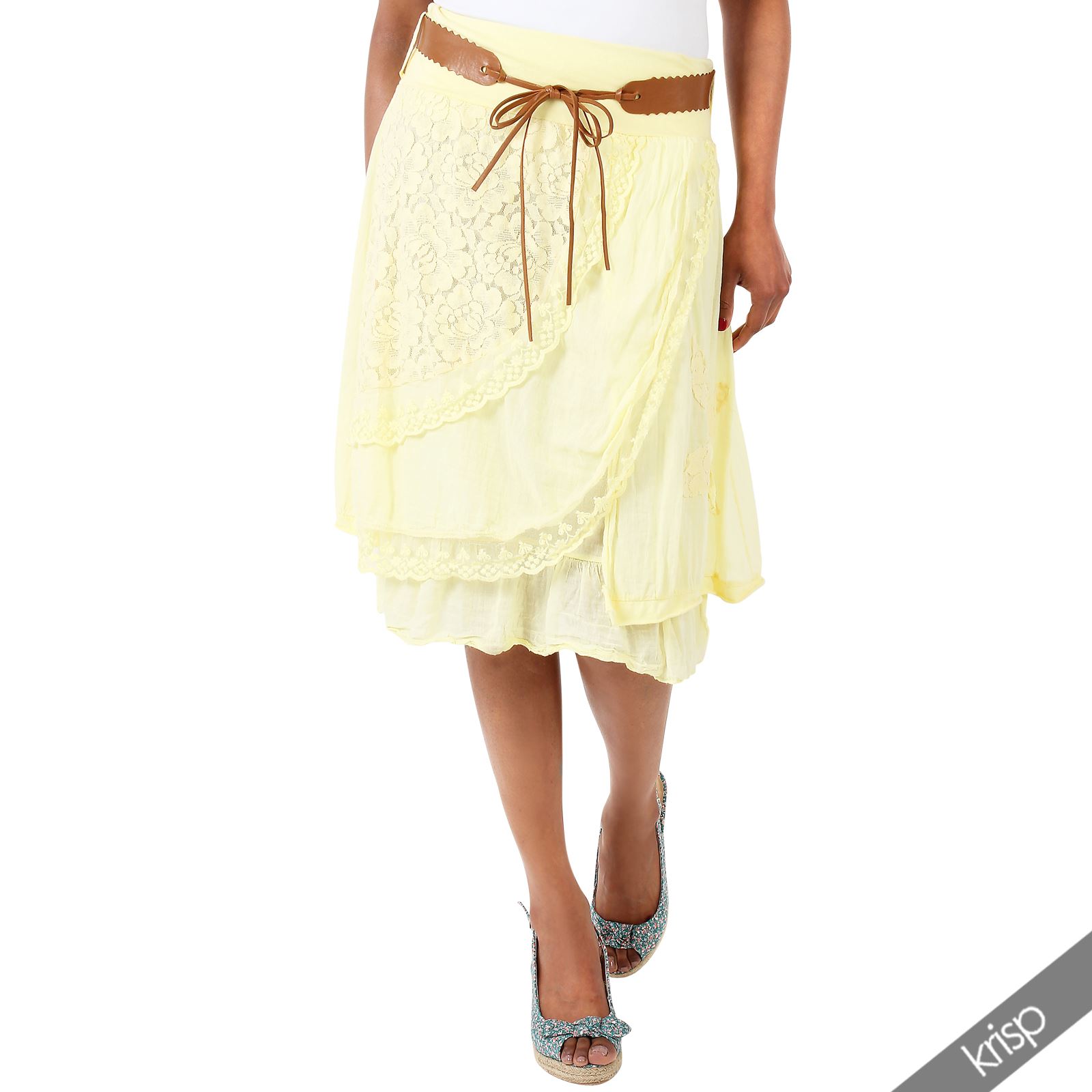 Womens Belted Gypsy Boho Midi Skirt Lace Frilled Layered Flared Summer