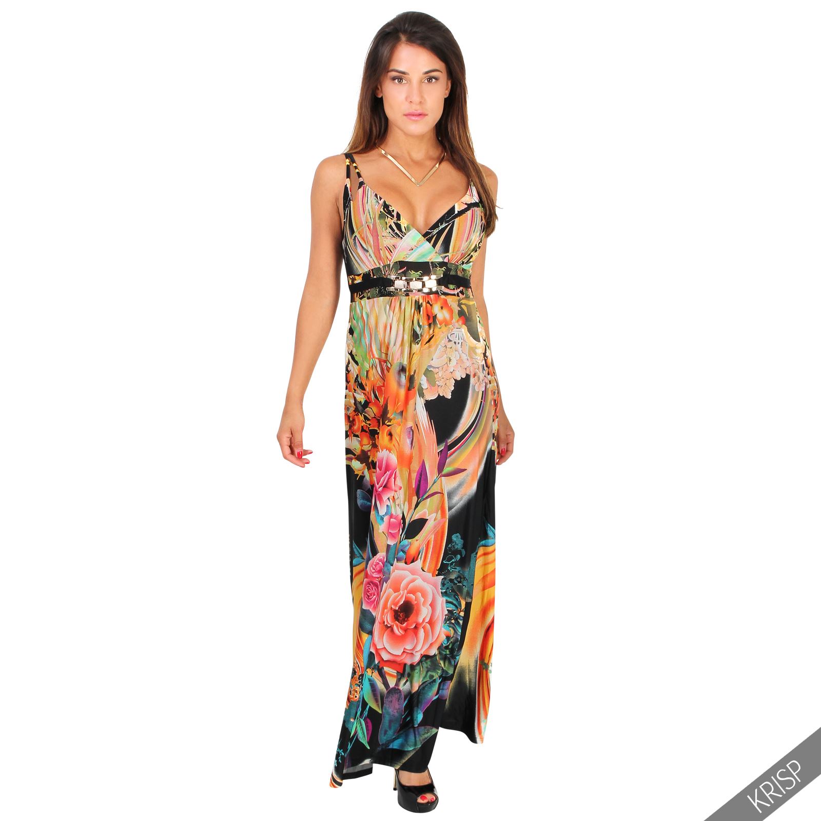 Femme Robe Longue Fleurie Plissée Bretelle Double Taille Empire Cache Coeur eBay