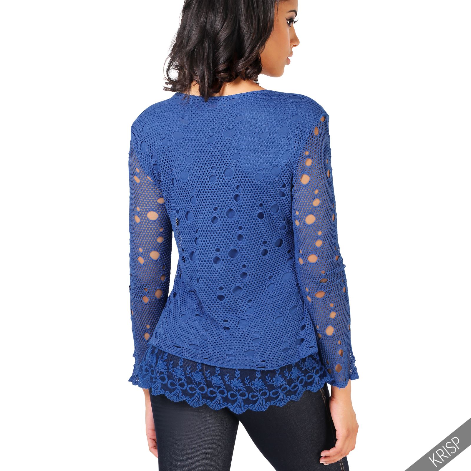 Womens Summer Retro Crochet Knit Casual Jumper Frilled Lace Hem Loose