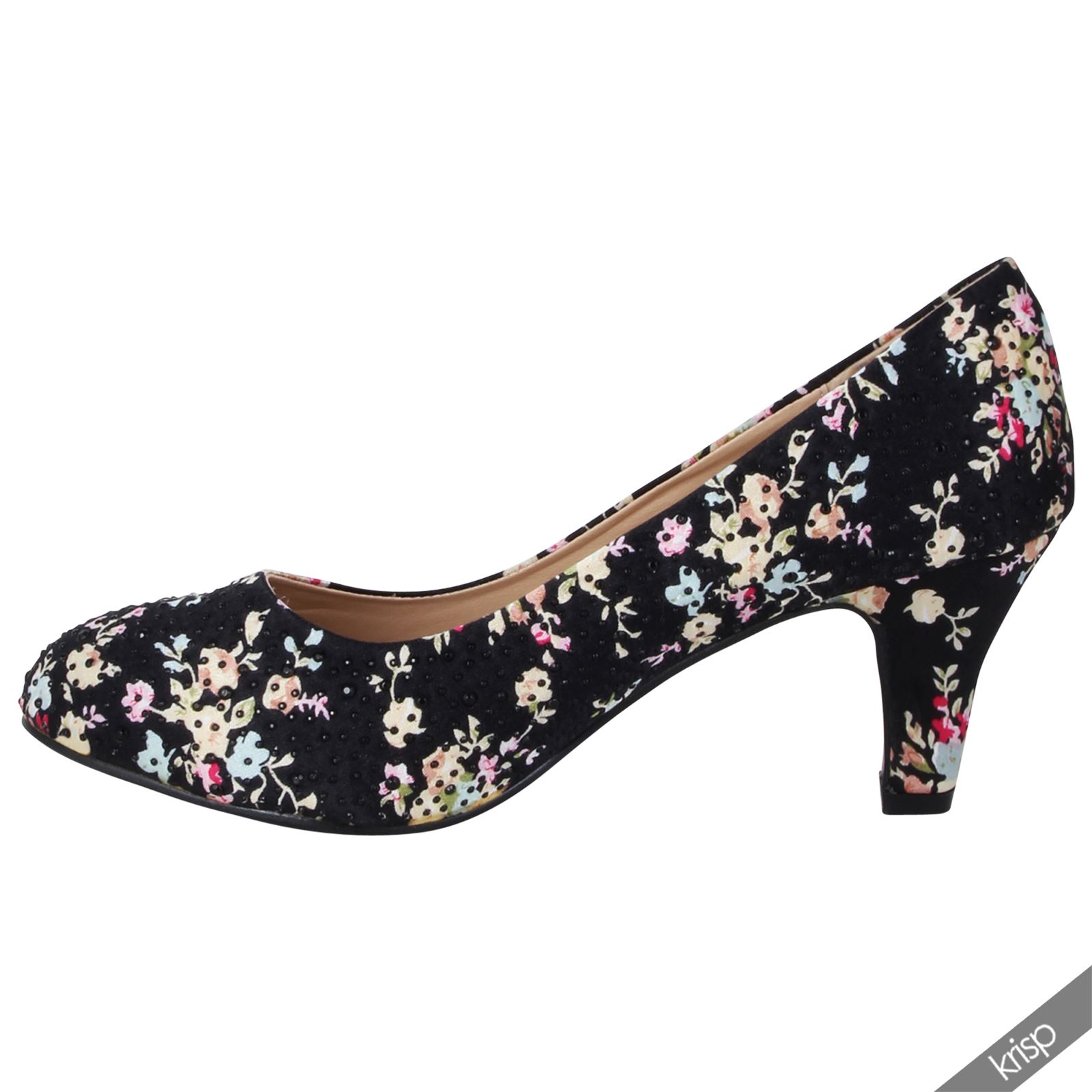 Womens Shiny Satin Diamante Retro Floral Kitten Mid High Heel Pumps
