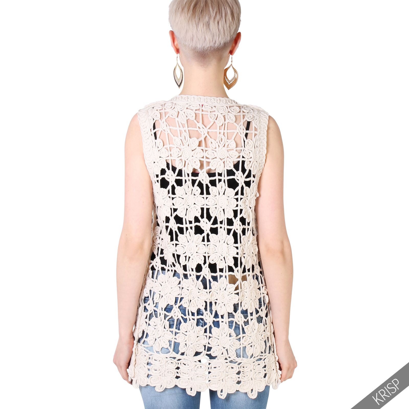Womens Open Crochet Vest Boho Sleeveless Cardigan Hollow Out Gilet