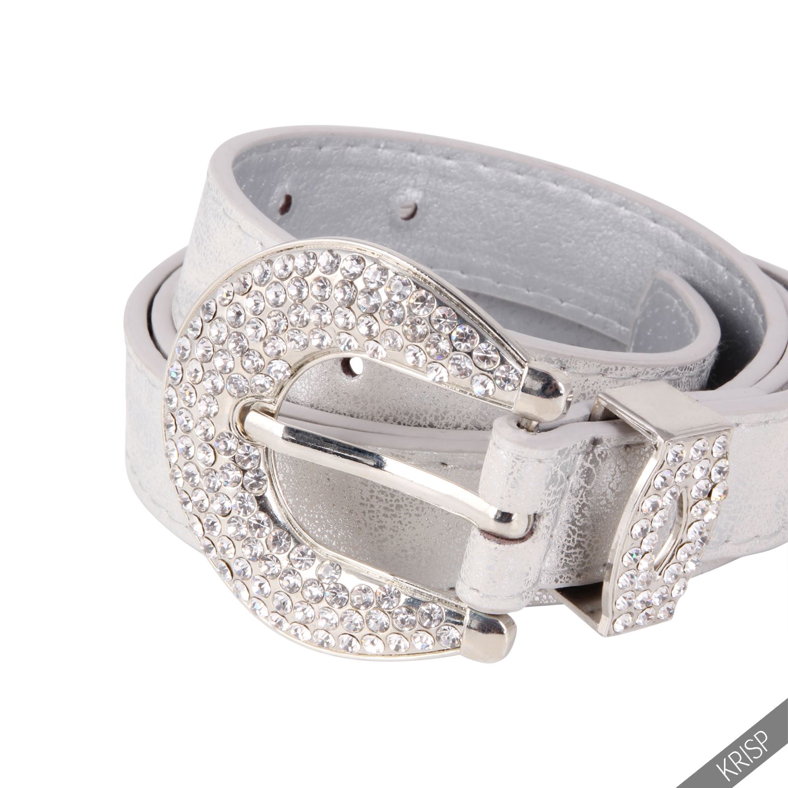 Womens Ladies Diamante Studded Thick Faux Leather Thin Pin Buckle Waist