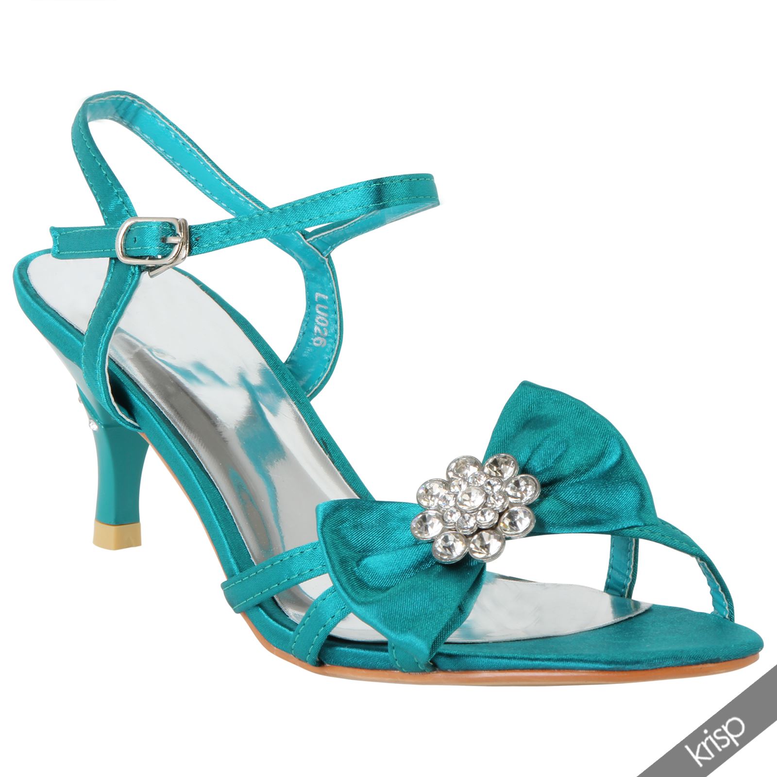 Womens Satin Kitten Heel Shoes Strappy Evening Sandals Gem Flower Bow