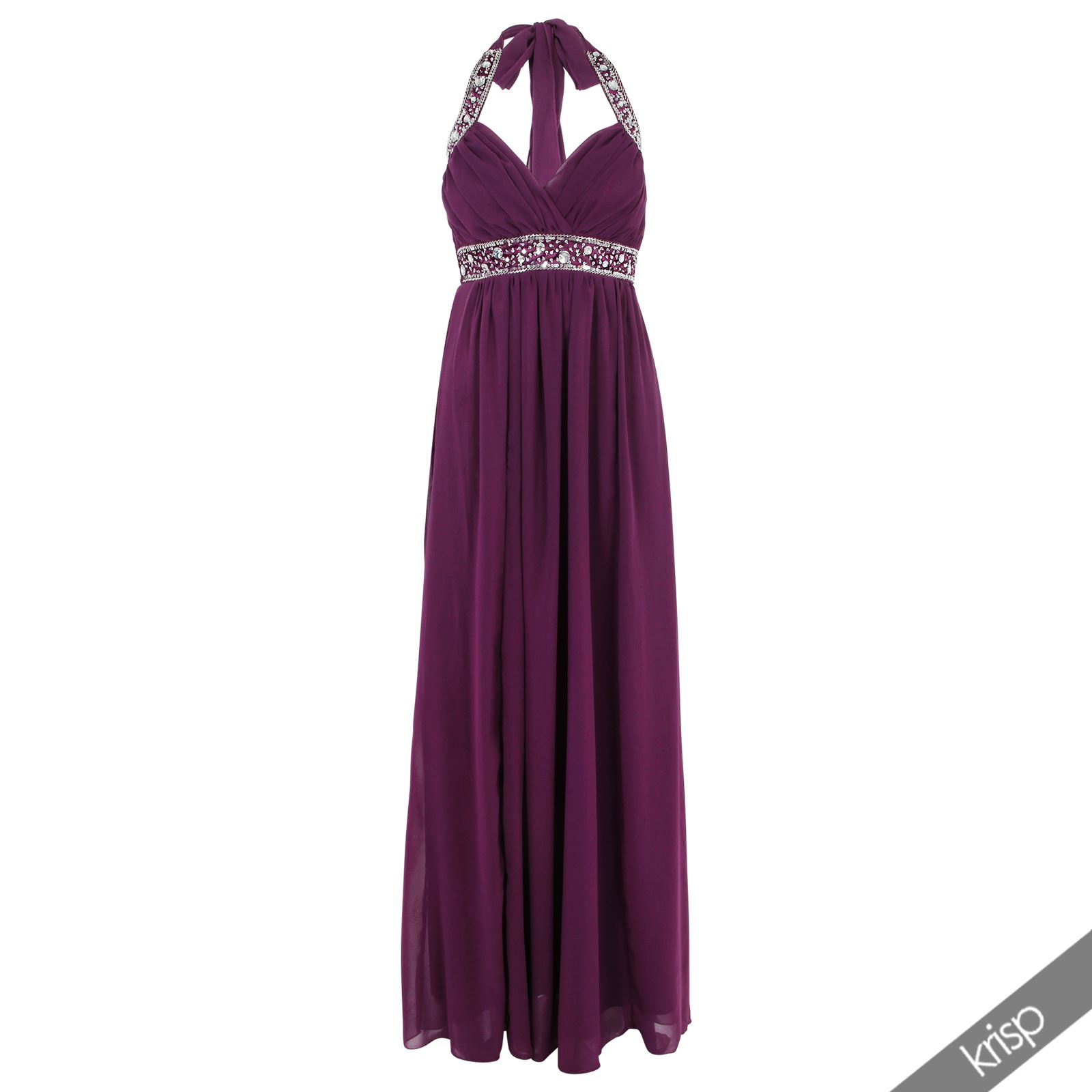 Womens Diamante Maxi Dress Gem Embellished Pleated Chiffon Halter Neck