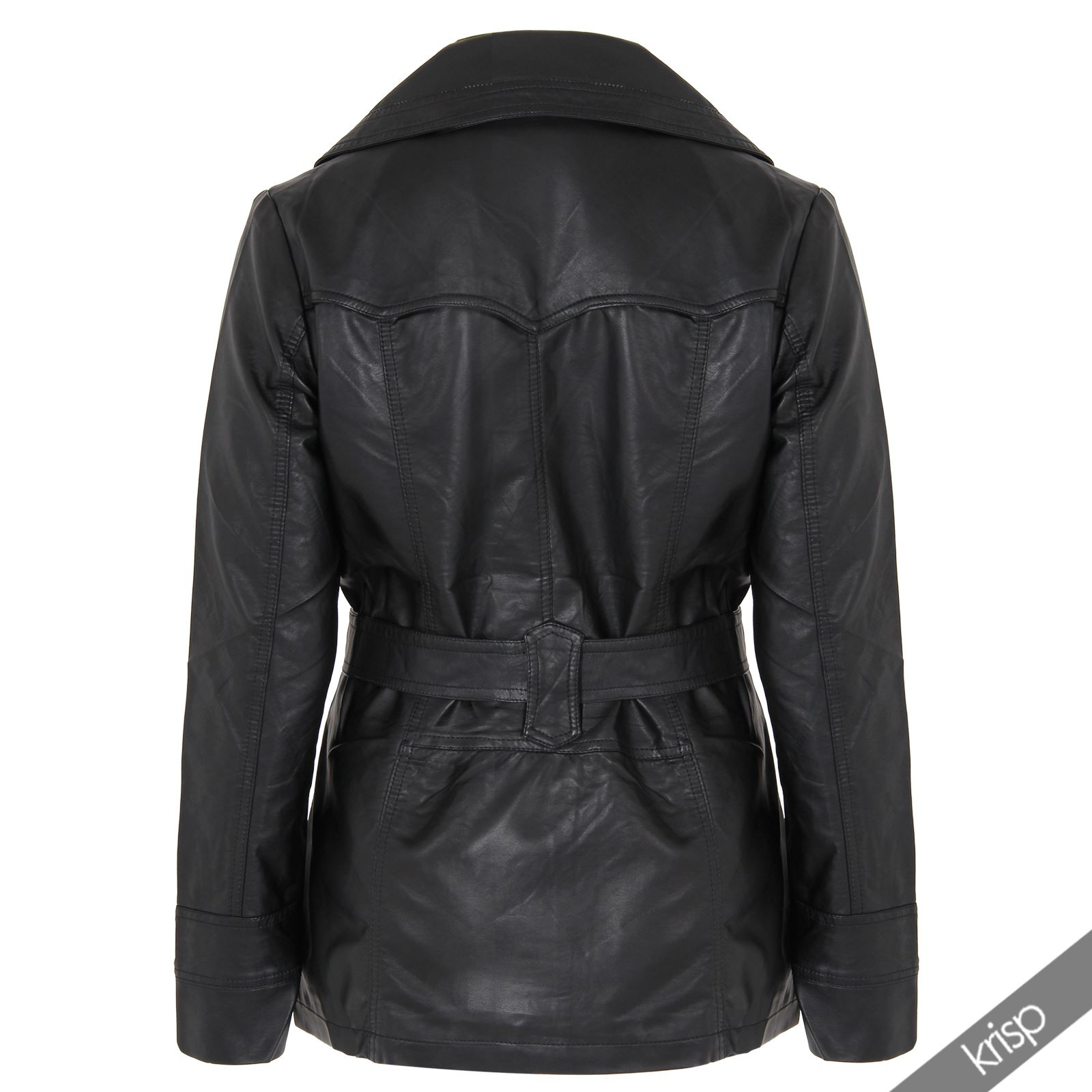 Womens Soft PU Leather Belted Collared Mac Jacket Vintage Coat Plus
