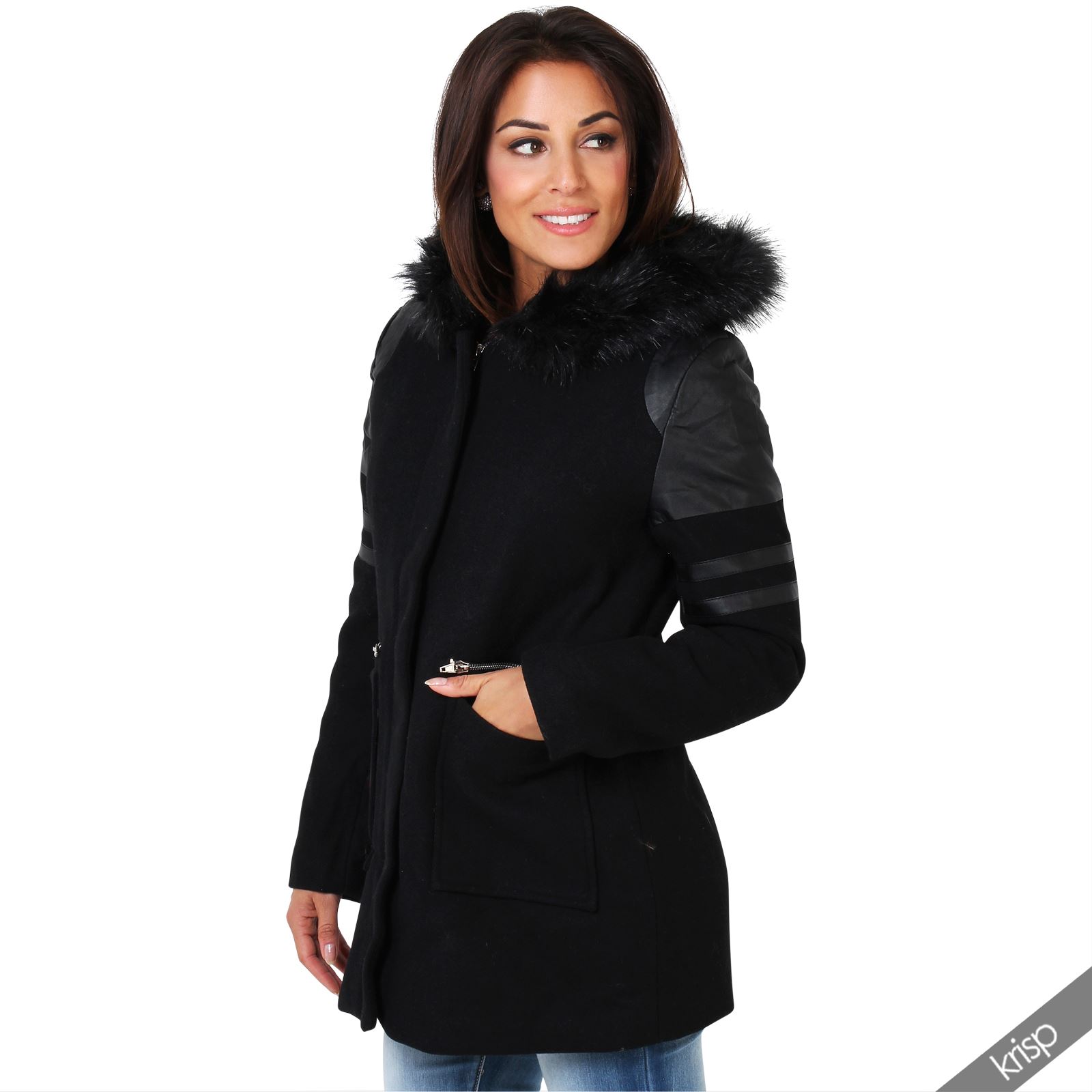 Womens Detachable Fur Leather Trim Wool Hooded Parka Coat Jacket Trench