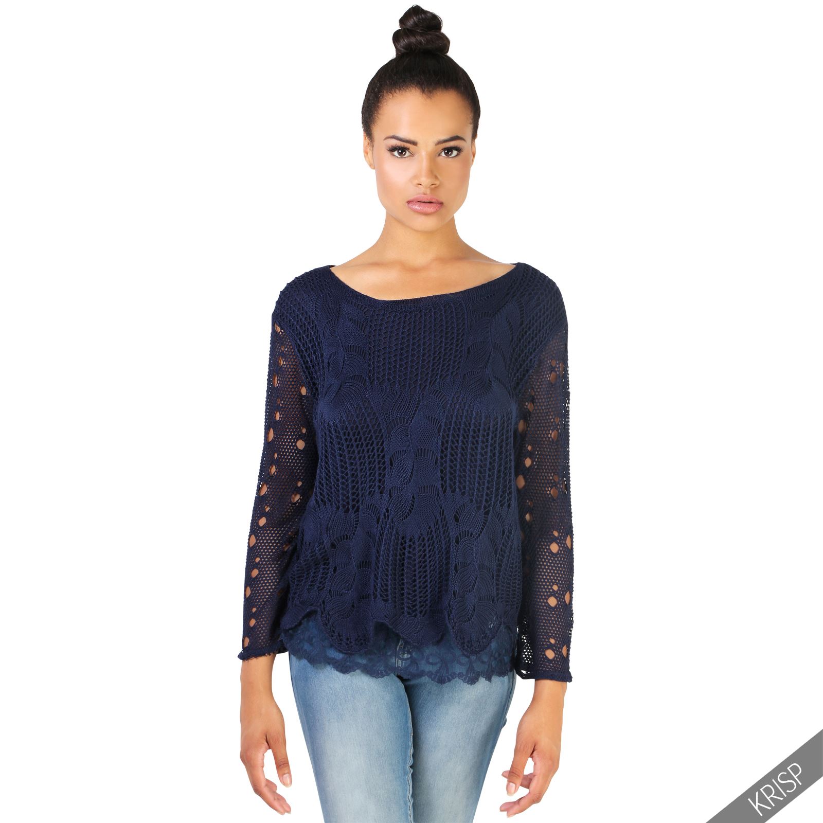 Womens Summer Retro Crochet Knit Casual Jumper Frilled Lace Hem Loose