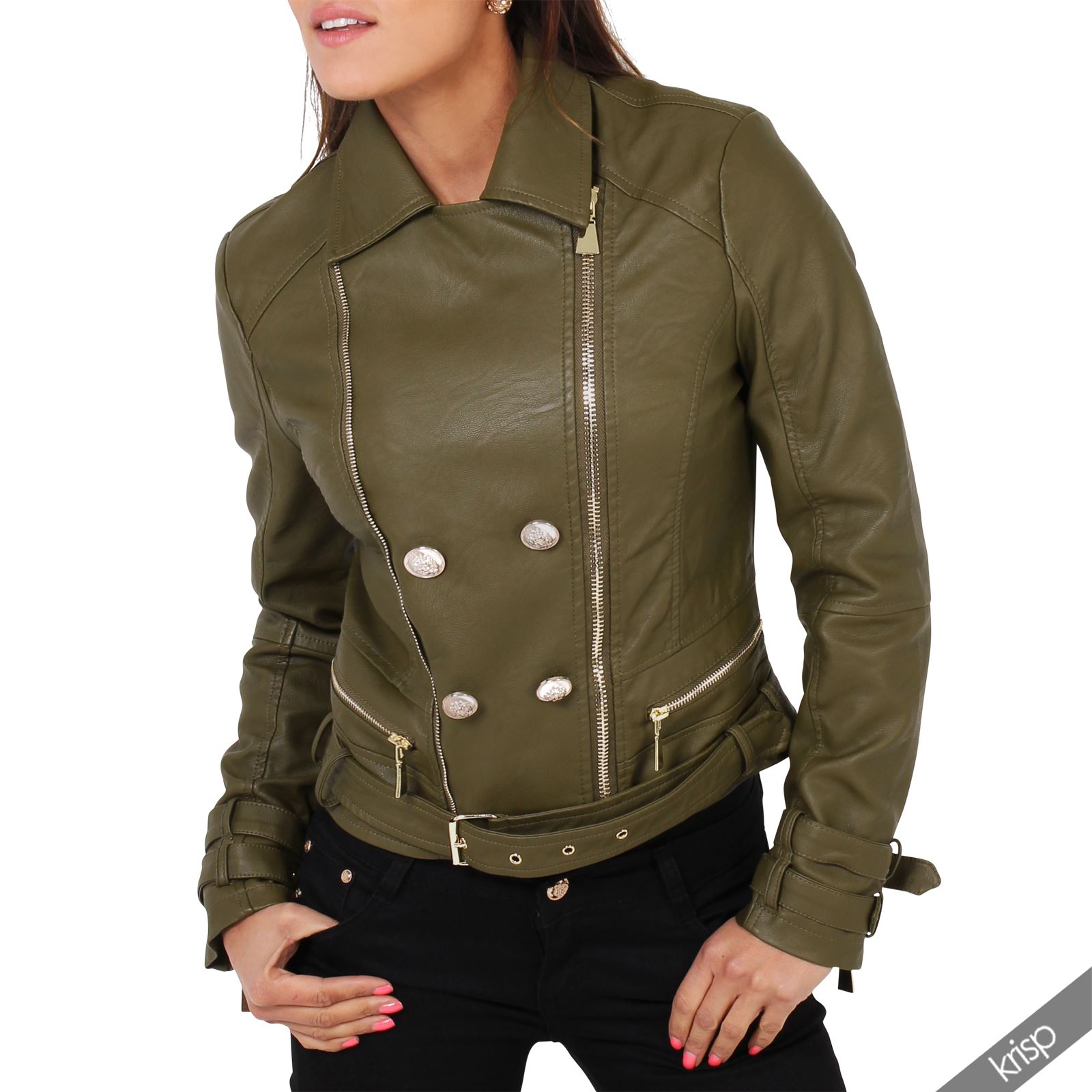 Women 2 in 1 Military Army Urban Fitted Cropped Leather Biker Jacket