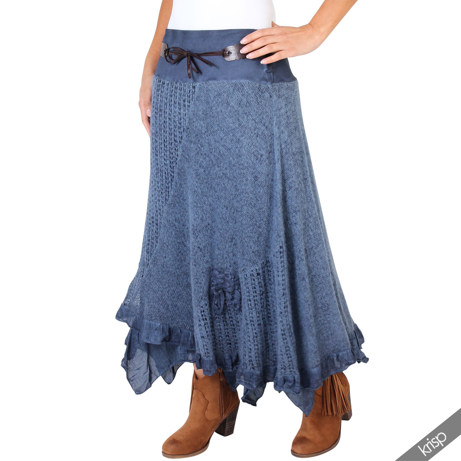 Womens Stretch Jersey Belted Hitched Up Gypsy Hippie Long Maxi Skirt