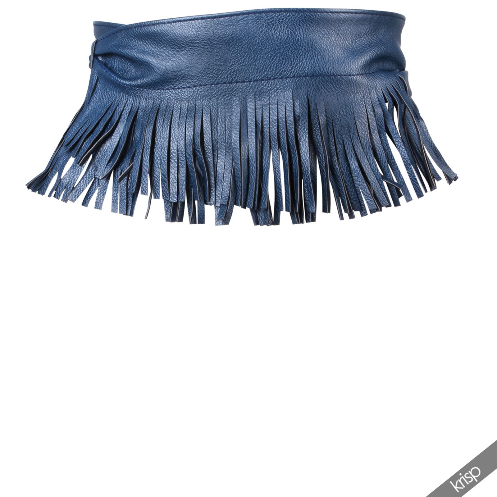 Womens Boho Soft PU Leather Fringe Wide Tie Wrap Around Obi Cinch Waist