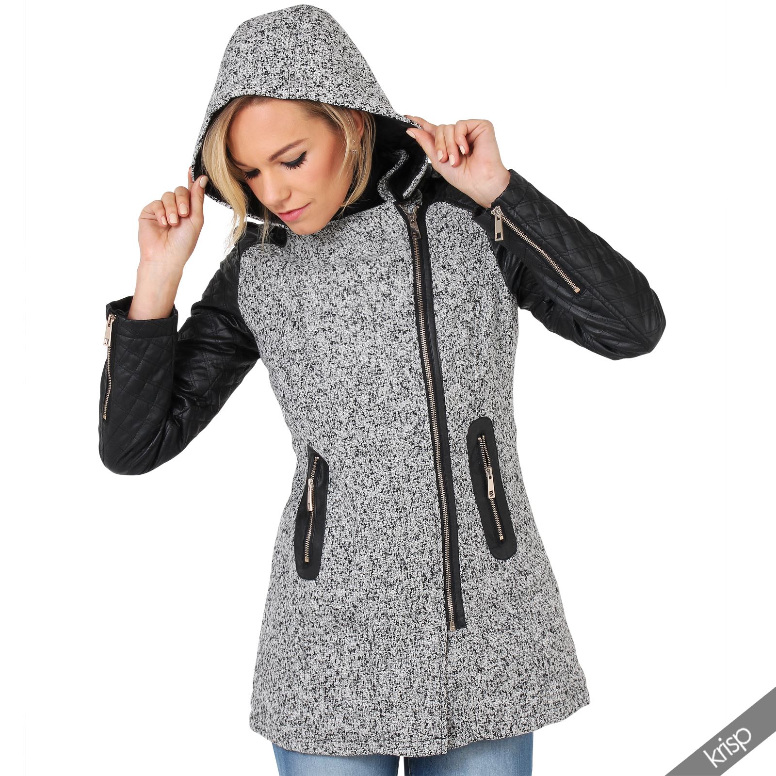 Damen Gepolsterte Winterjacke Mit Kapuze Schwarz 5M3193