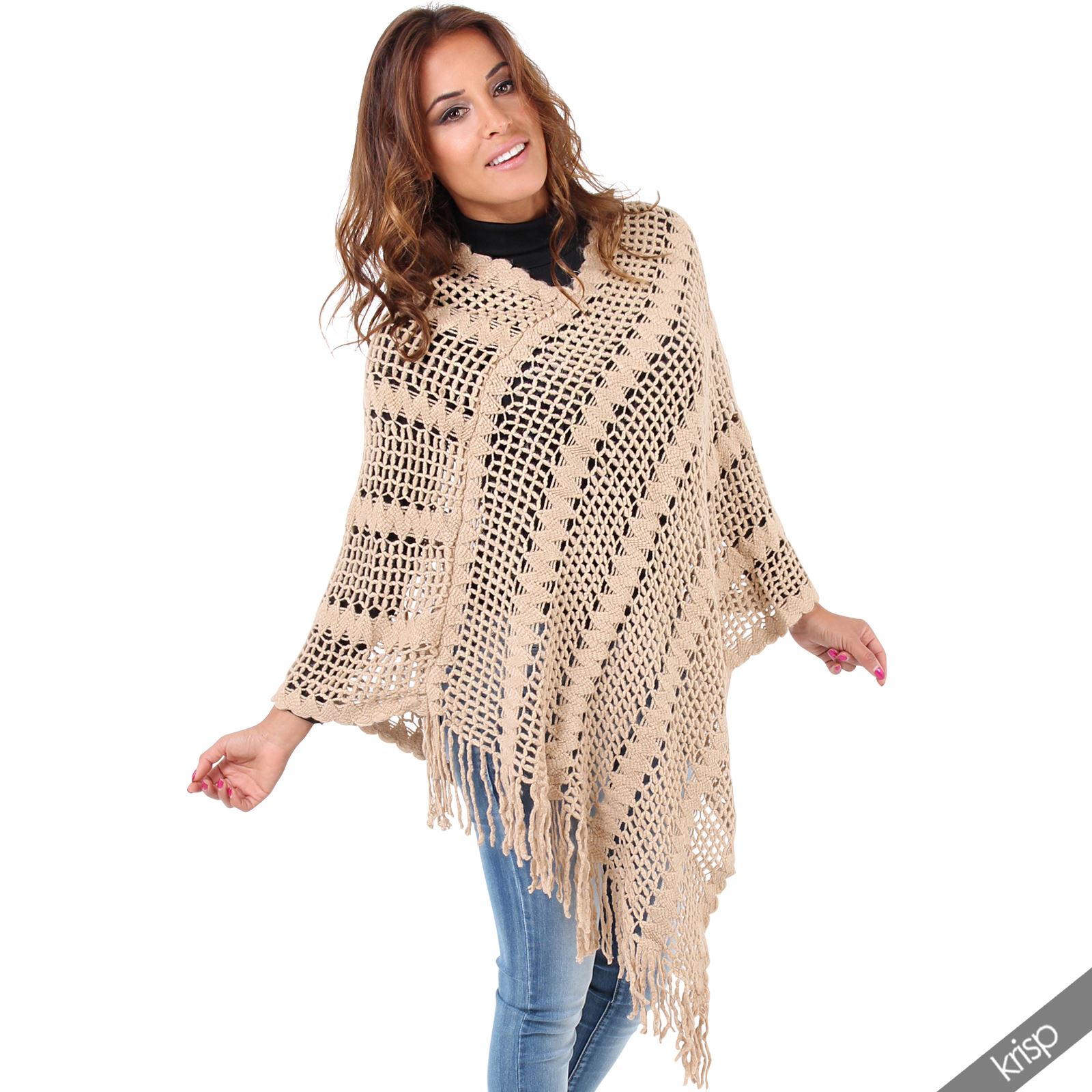Womens Boho Knitted Fringe Tassel Poncho Cape Sweater Shrug Jumper Wrap