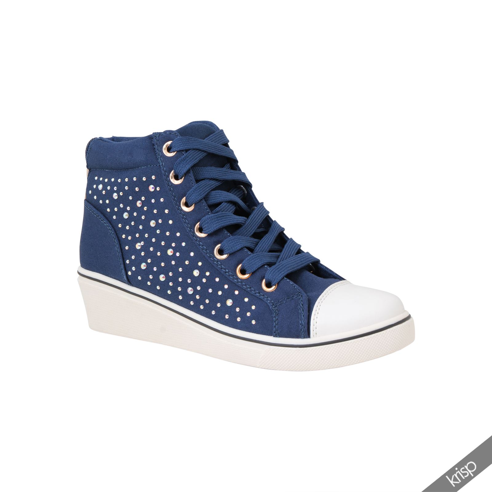 Womens Gem Canvas High Heel Wedge Trainers Sneakers Low Top Lace Up