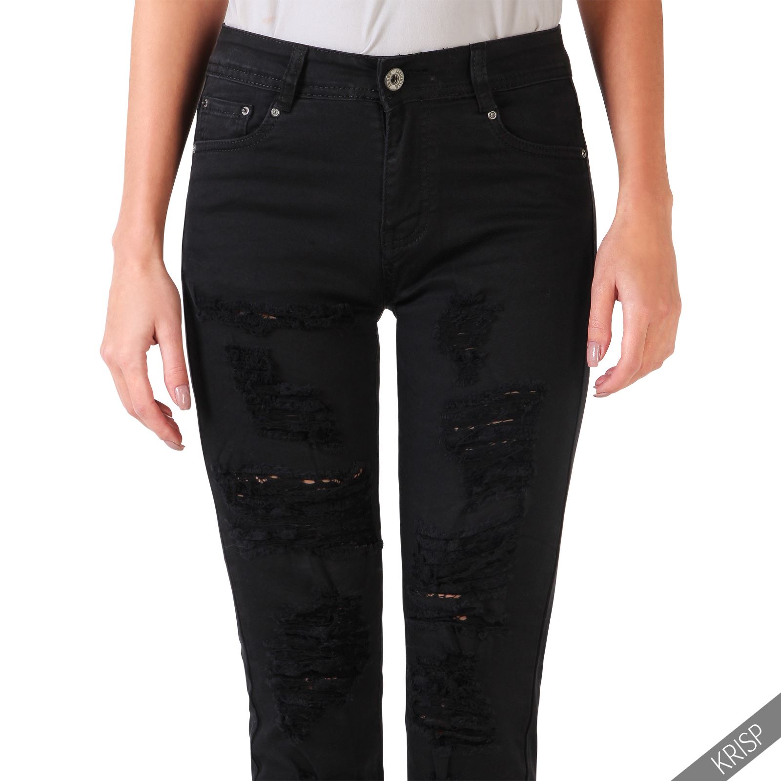 KRISP Pantalones Vaqueros Mujer Rotos Ajustados Pitillo Negros eBay