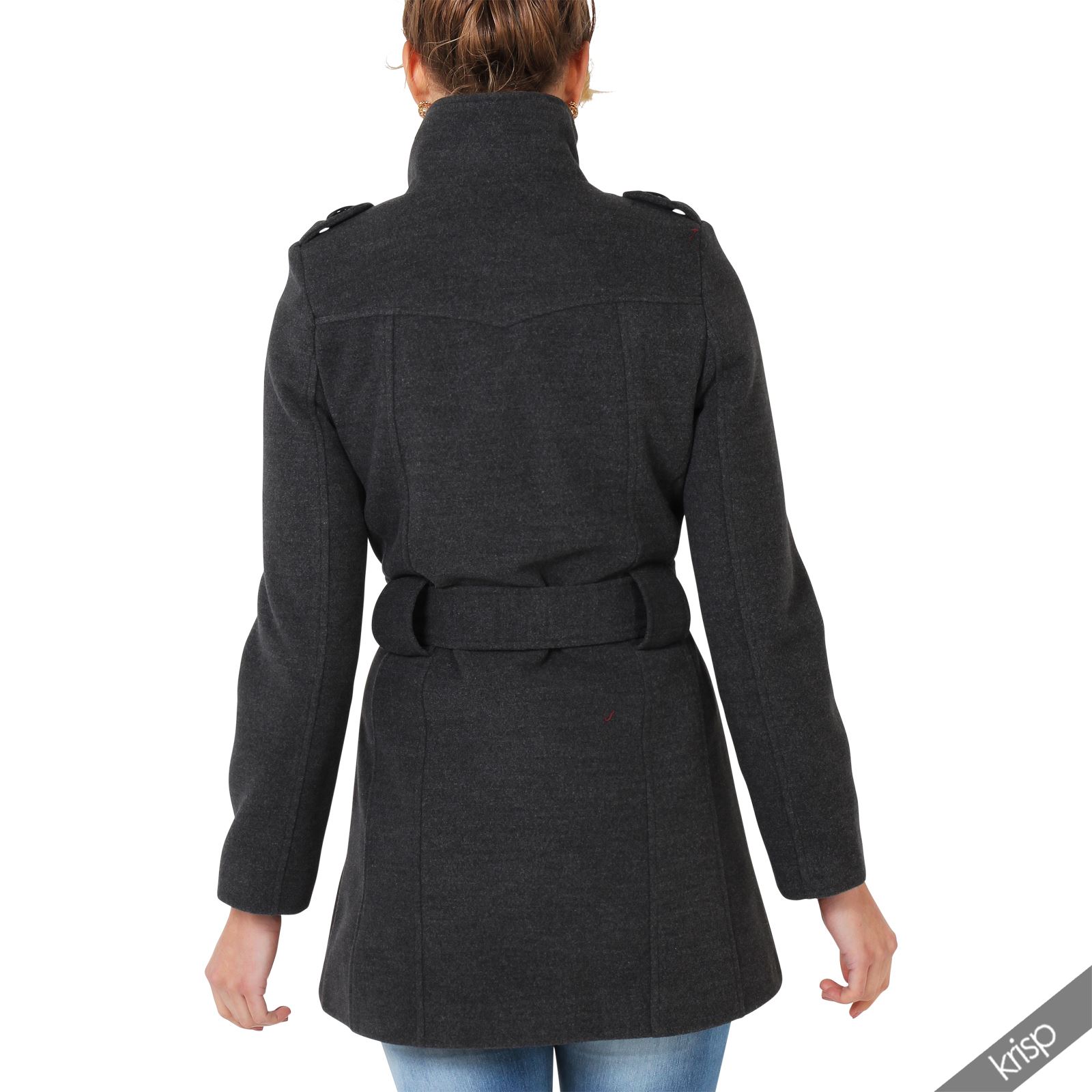 Womens Belted Military Double Breasted Woollen High Neck Coat Jacket